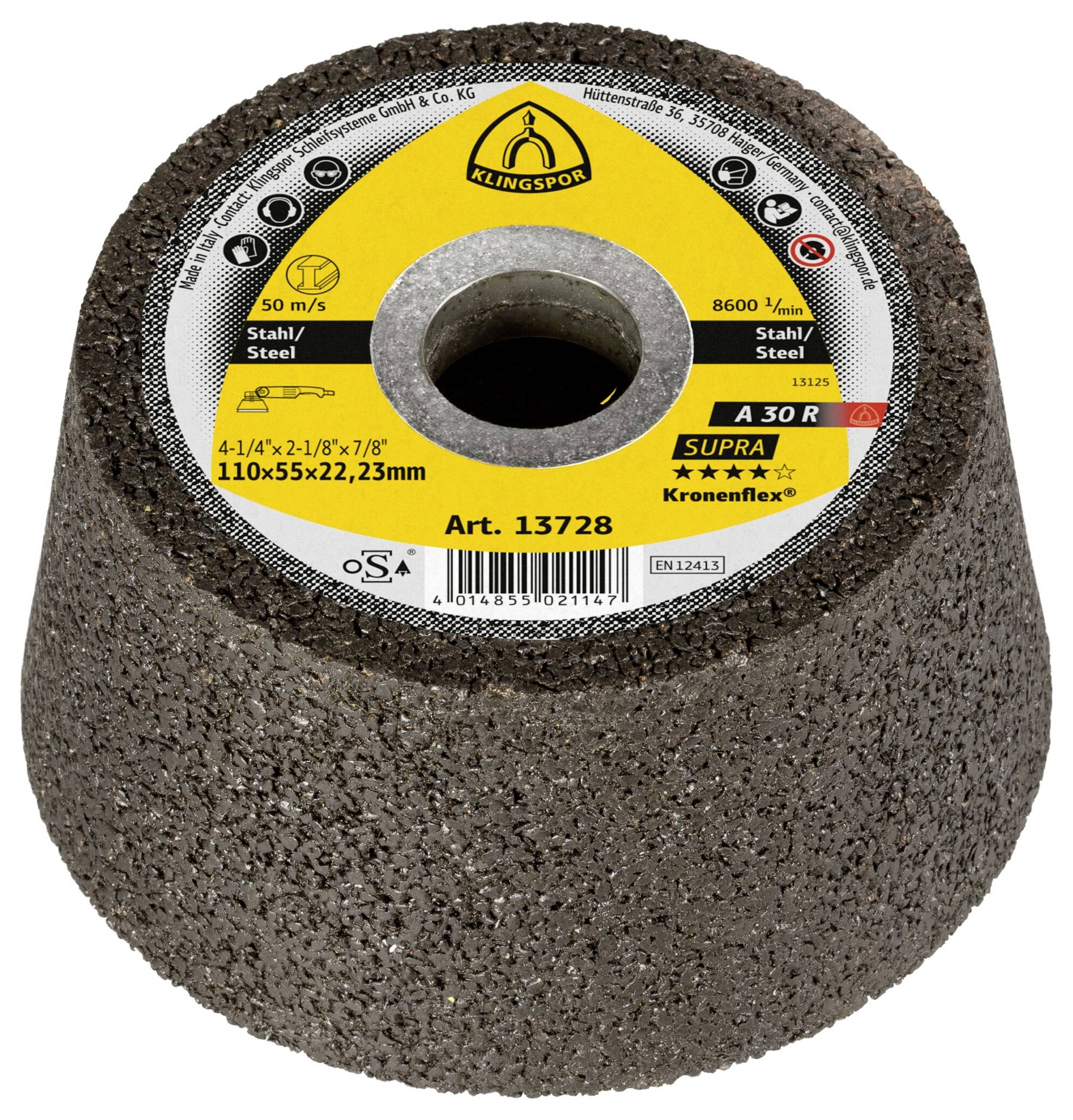 Klingspor 13728A 30 R Schleiftopf, 110 x 55 x 22,23mm gekröpft A 30 R Supra 110mm 6St.