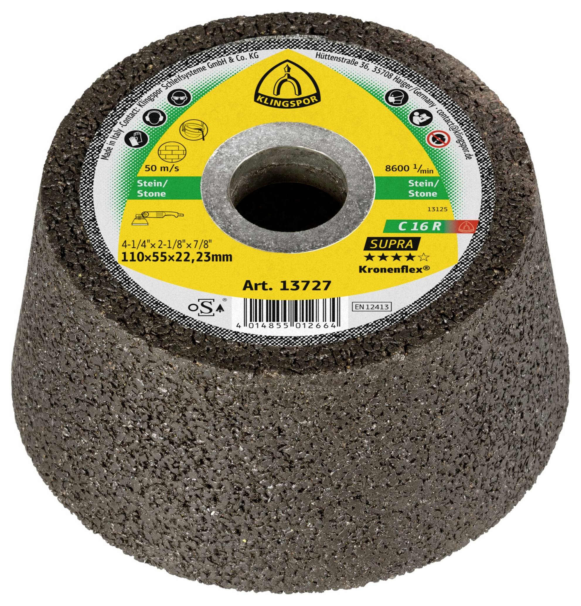 Klingspor Supra Kronenflex Schleifscheibe für Stein; 110x55x22,23 mm, Korn C16R, max. 8600 U/min, 50 m/s.