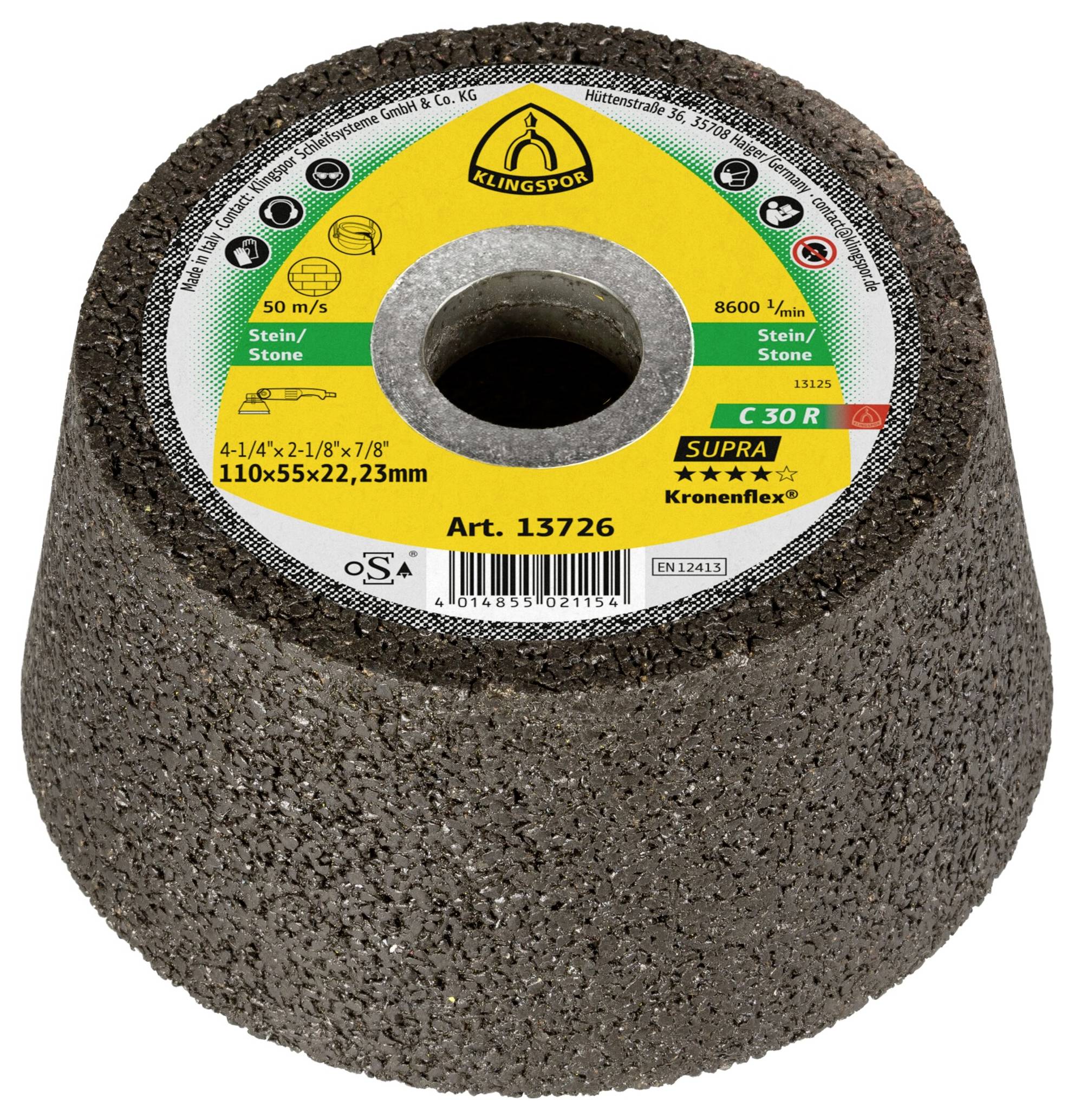 Ein konisches Schleifrad der Marke 'Kronenflex' und 'C 30 R', für Stein konzipiert, mit den Spezifikationen: 110x55x22,23mm.