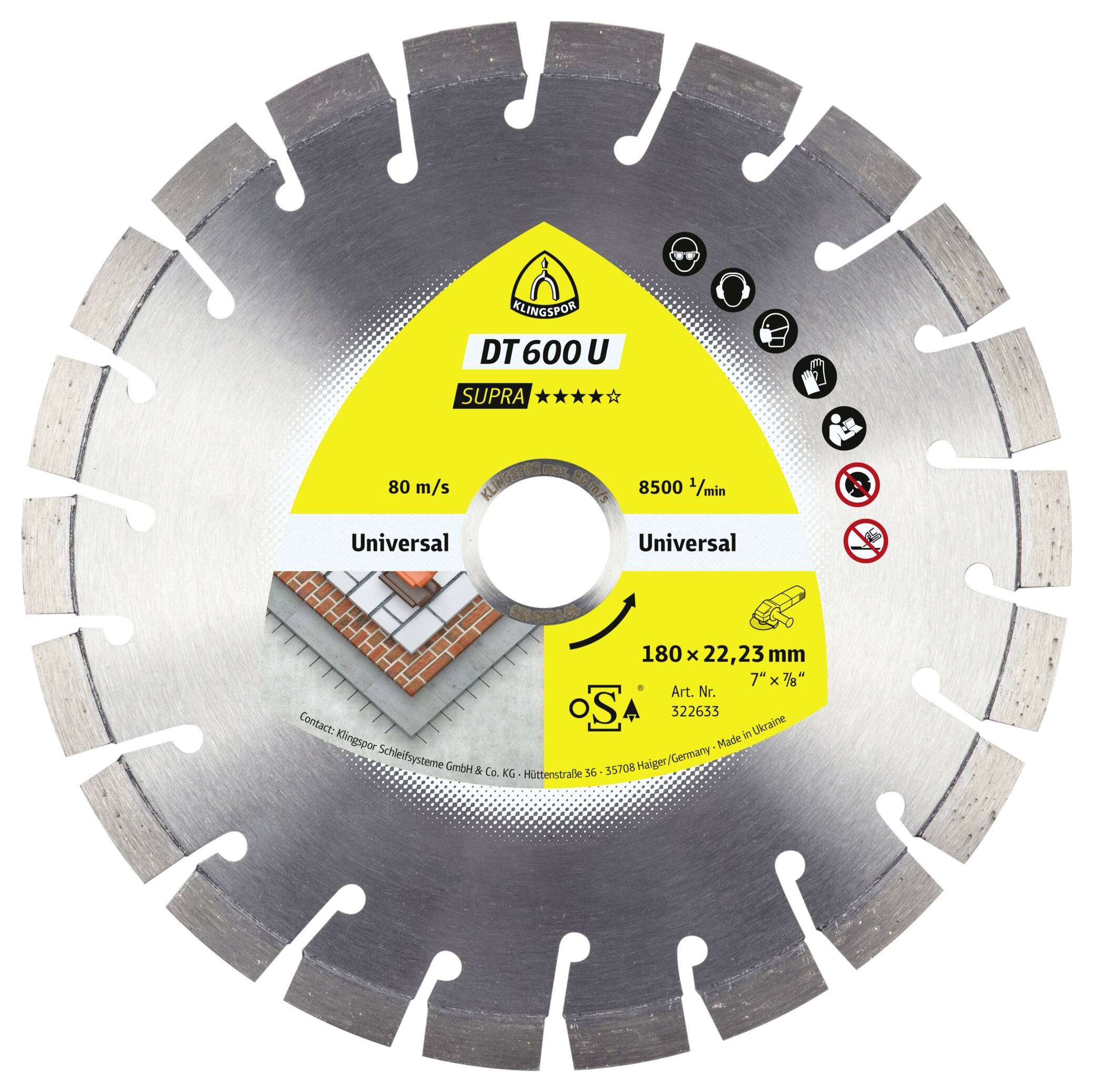 Klingspor 322633 DT 600 U Supra Diamanttrennscheibe Durchmesser 180mm Bohrungs-Ø 22.23mm Baustellenmaterialien, Beton, universal