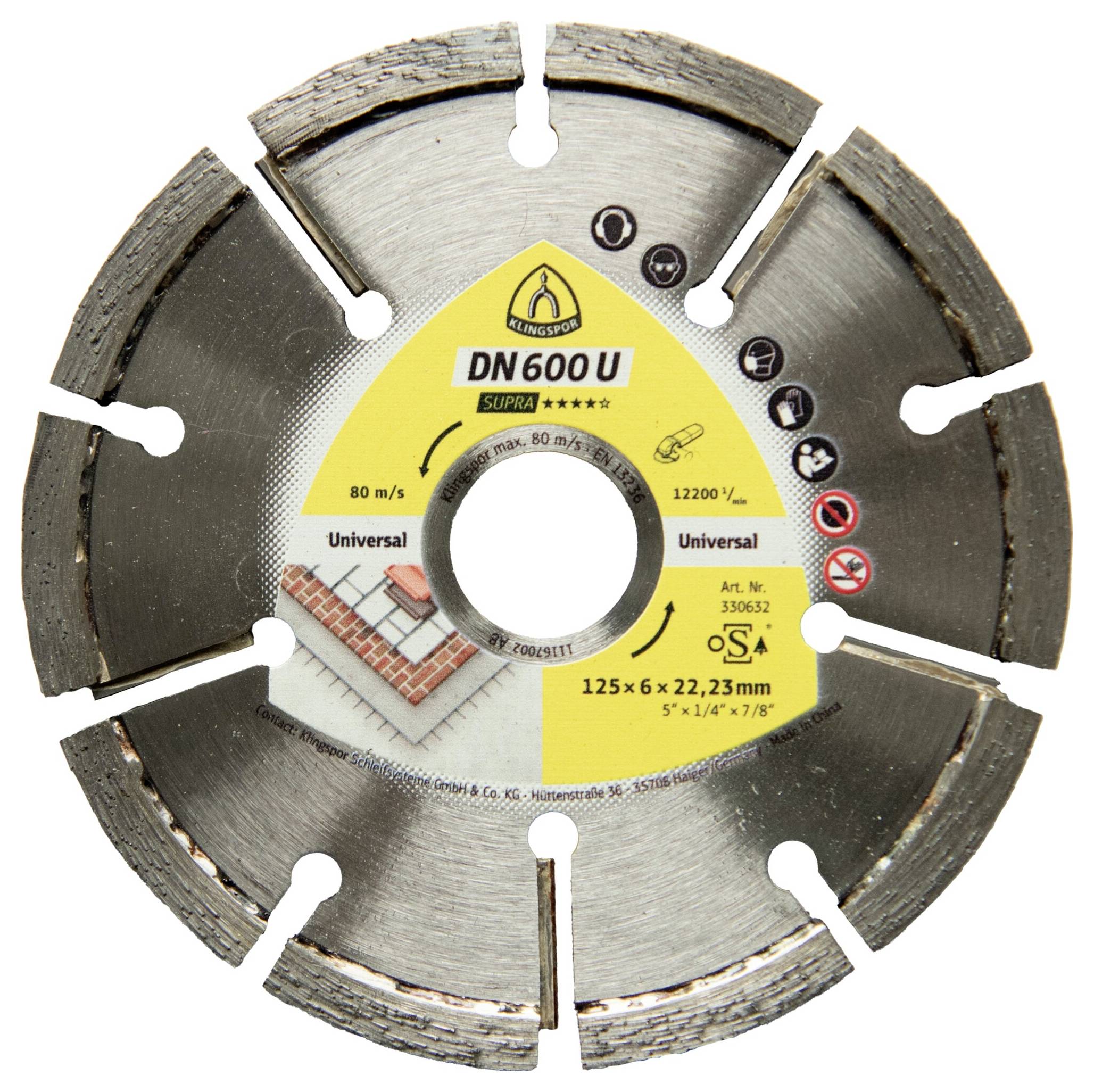 Klingspor 330662 DN 600 U Supra Diamanttrennscheibe Durchmesser 125mm Bohrungs-Ø 22.23mm Estrichfugen, Putz, Gasbeton 1St.
