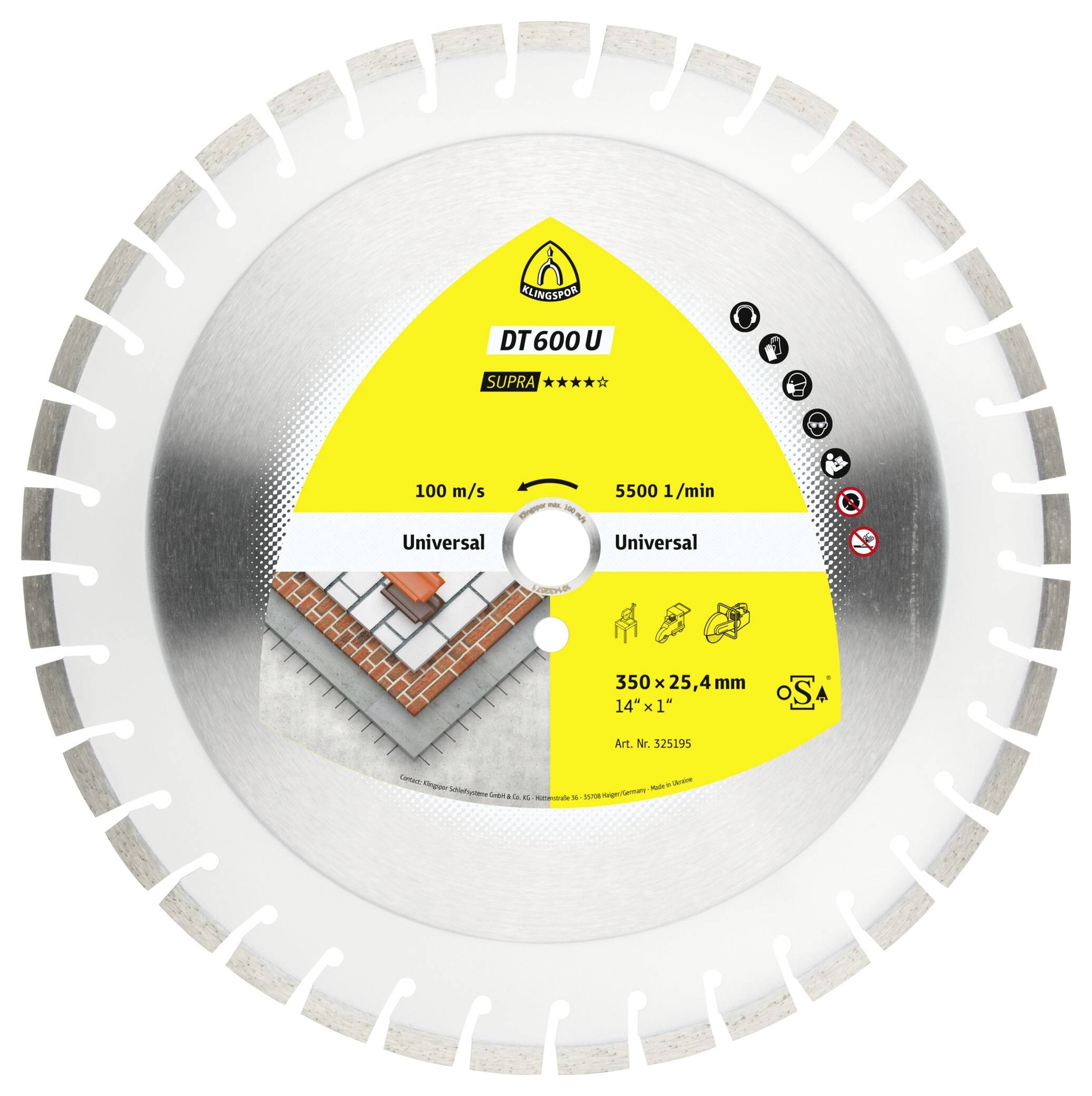 Klingspor 325195 DT 600 U Supra Diamanttrennscheibe Durchmesser 350mm Bohrungs-Ø 25.4mm Baustellenmaterialien, Beton, universal