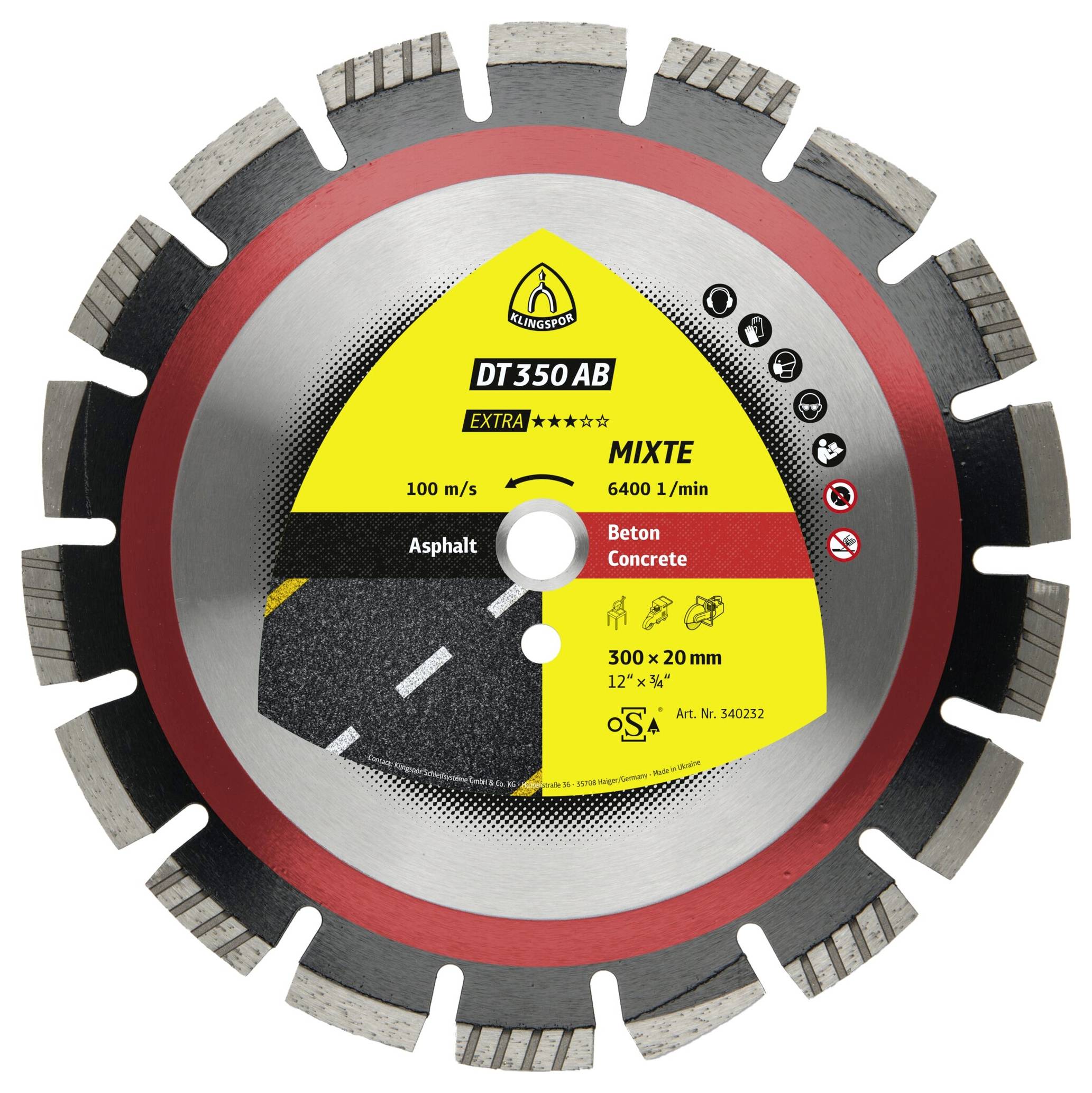 Klingspor 340232 DT 350 AB Extra CEVOLUTION Diamanttrennscheibe Durchmesser 300 mm Bohrungs-Ø 20 mm