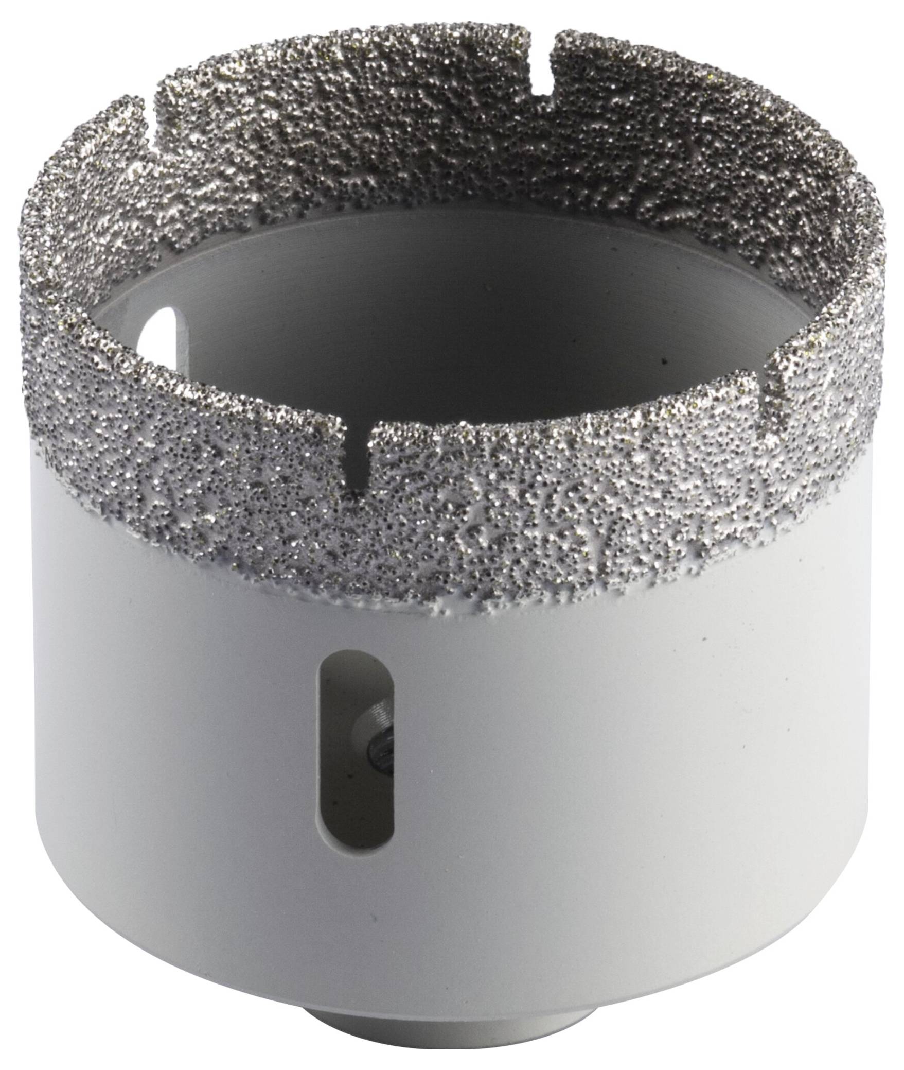 Eine Nahaufnahme eines kreisrunden grauen Bohrers mit diamantbeschichteter Kante, der zum Durchschneiden harter Materialien verwendet wird.
