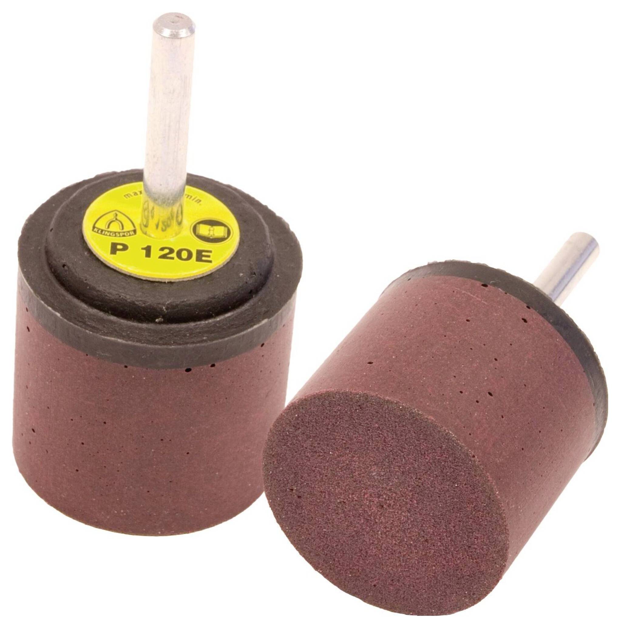 Schleiftrommelhülsen mit Metallschäften, beschriftet mit ‚P 120E'. Zum Glätten von Oberflächen, aufrecht und liegend dargestellt.
