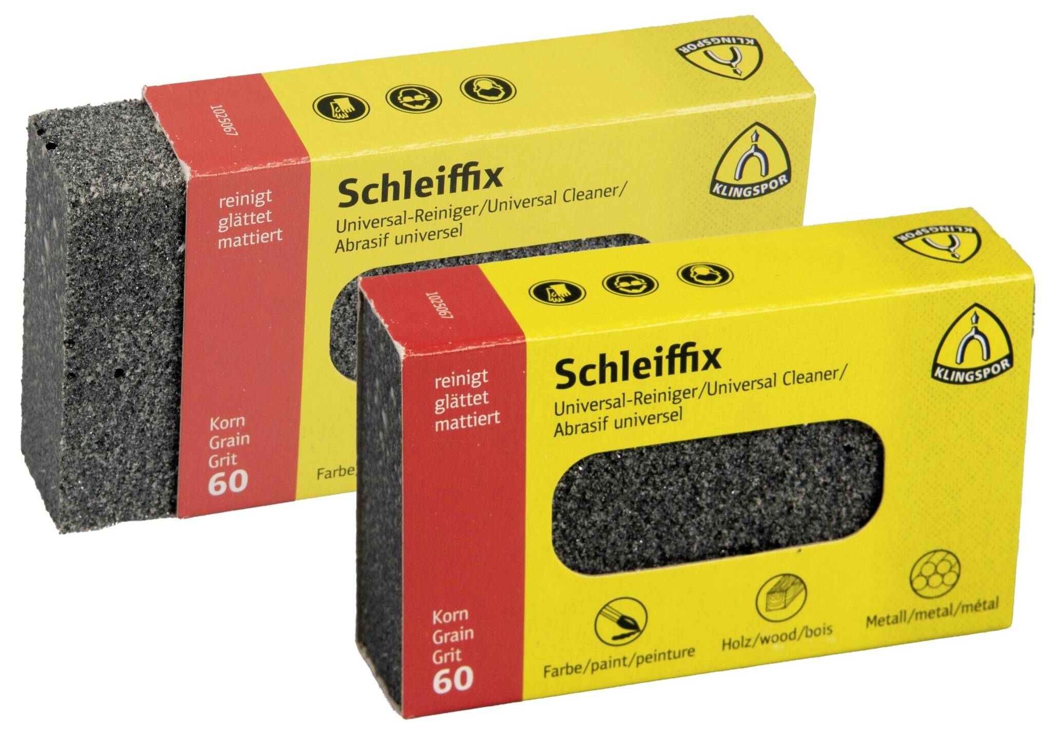 Zwei Schleiffix-Schleifblöcke, Körnung 60, werden in gelber und roter Verpackung gezeigt, die zum Reinigen und Glätten von Oberflächen gekennzeichnet sind.