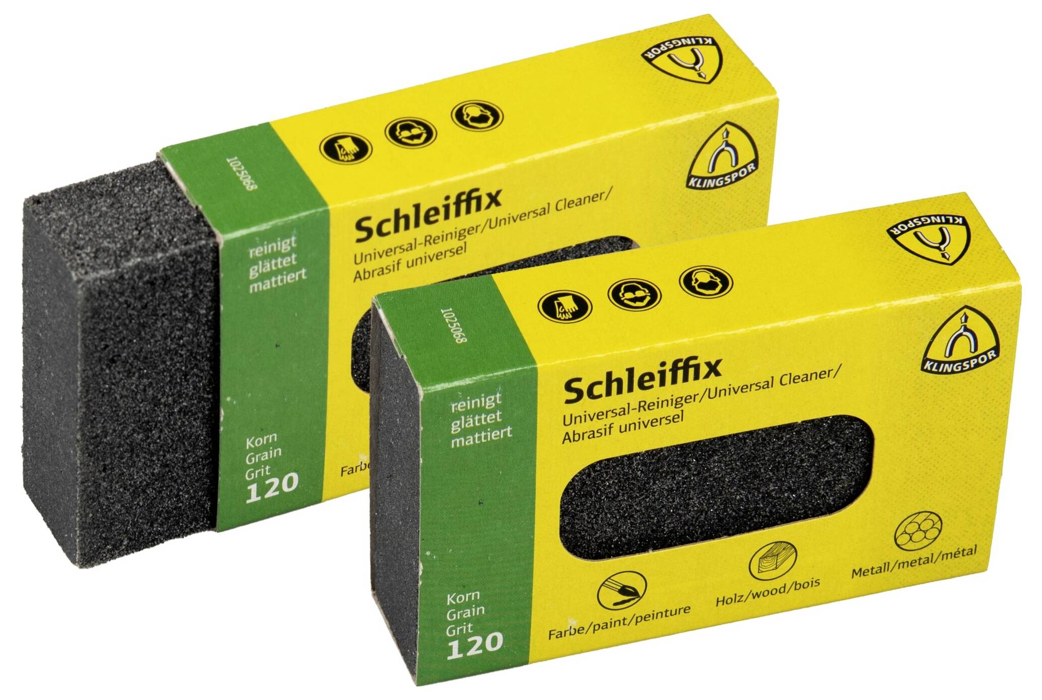 Zwei Schleiffix Reinigungsblöcke in gelber und grüner Verpackung, gekennzeichnet für universellen Einsatz auf Holz und Lack mit Körnungsgröße 120.