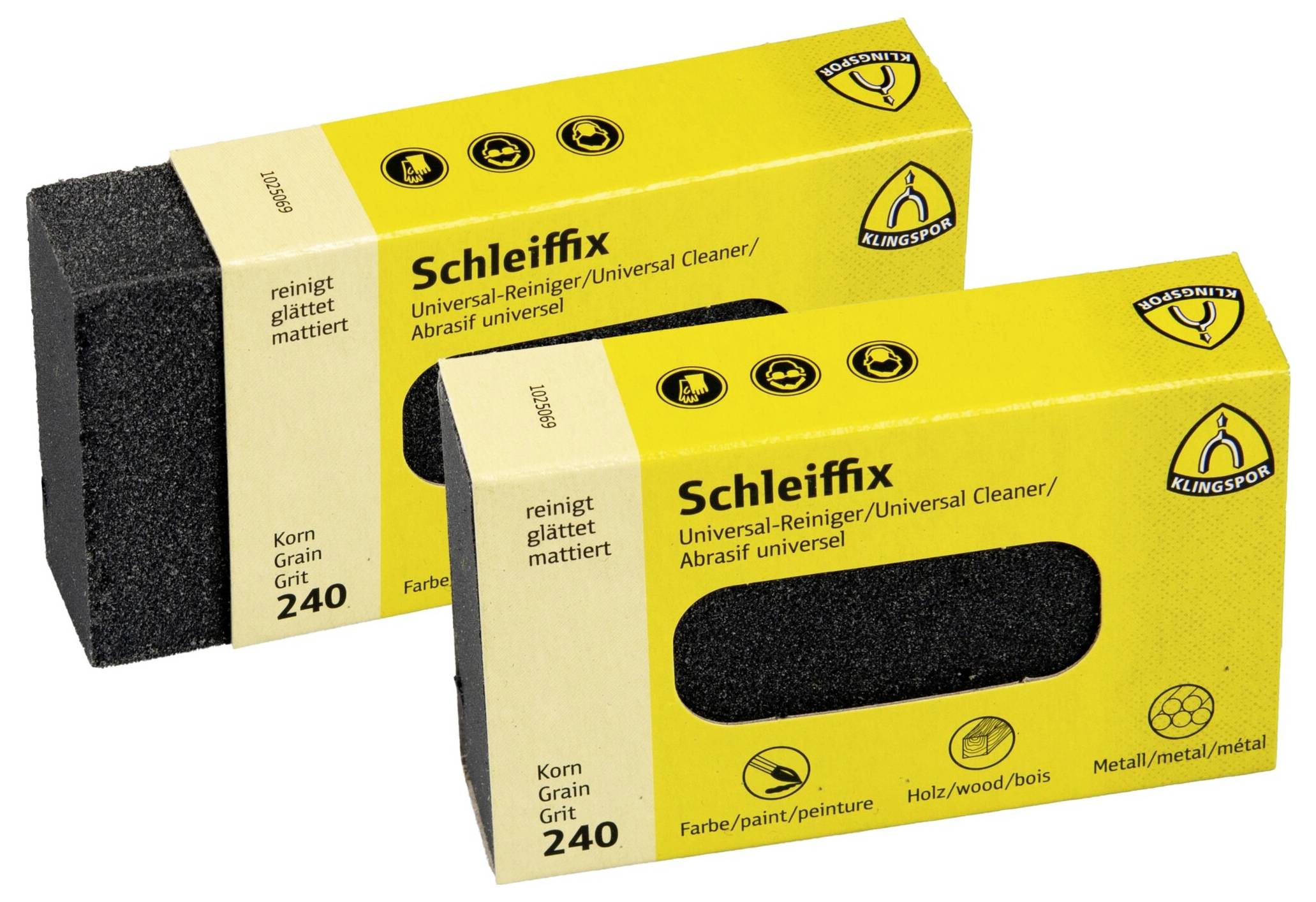 Zwei Schleiffix Universal-Reinigungsschleifblöcke mit 'Klingspor' Markenaufdruck, gekennzeichnet für Holz, Metall, Lack, Körnung 240.