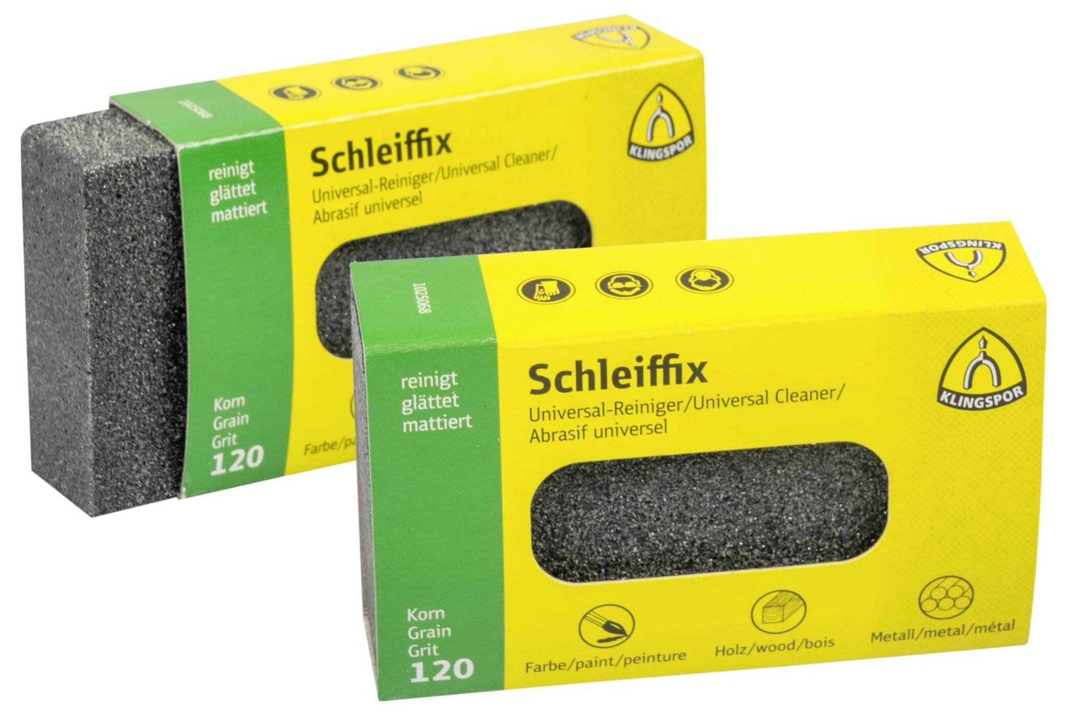 Zwei gelb-grün verpackte Schleiffix Reinigungspads mit Körnung 120, entwickelt für universelle Reinigung auf Holz, Lack, Metall und mehr.