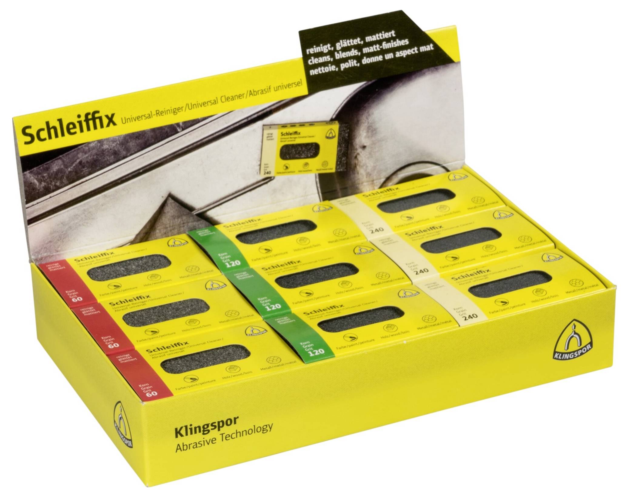 Eine Displaybox von Klingspor Schleiffix Universalreiniger mit mehreren ordentlich angeordneten gelben Schleifpaketen, die die Produktvielfalt betont.