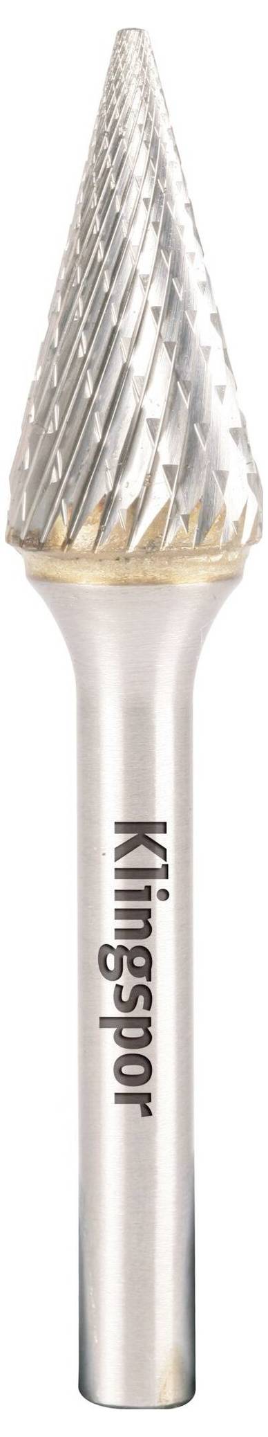 A silver, cone-shaped carbide burr tool with 'Kingspor' branding on its shank, used for metalworking and shaping materials.