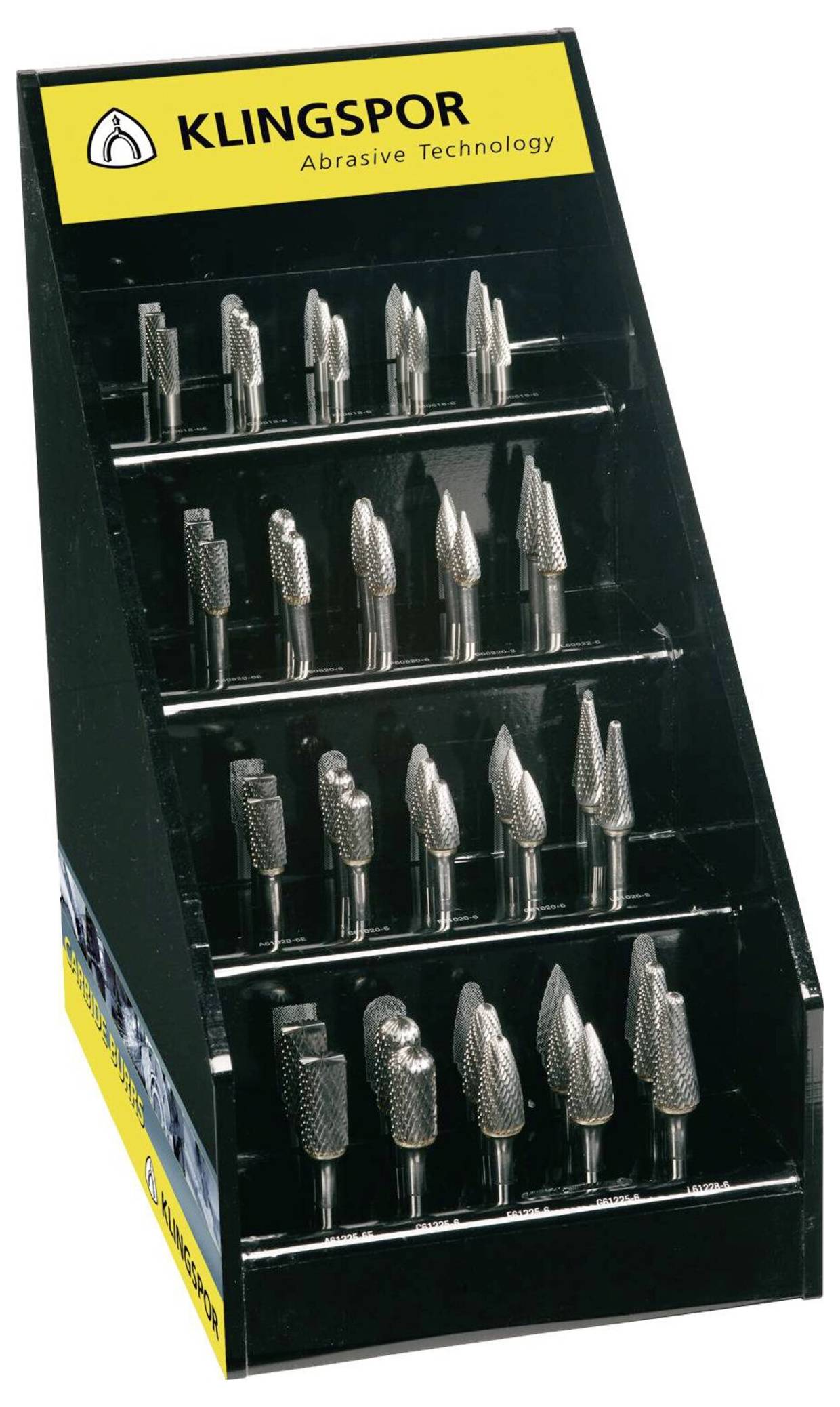 Präsentationsständer mit verschiedenen zylindrischen und konischen Schleifwerkzeugen. Der Ständer trägt das Logo und den Markennamen 'Klingspor Abrasive Technology'.
