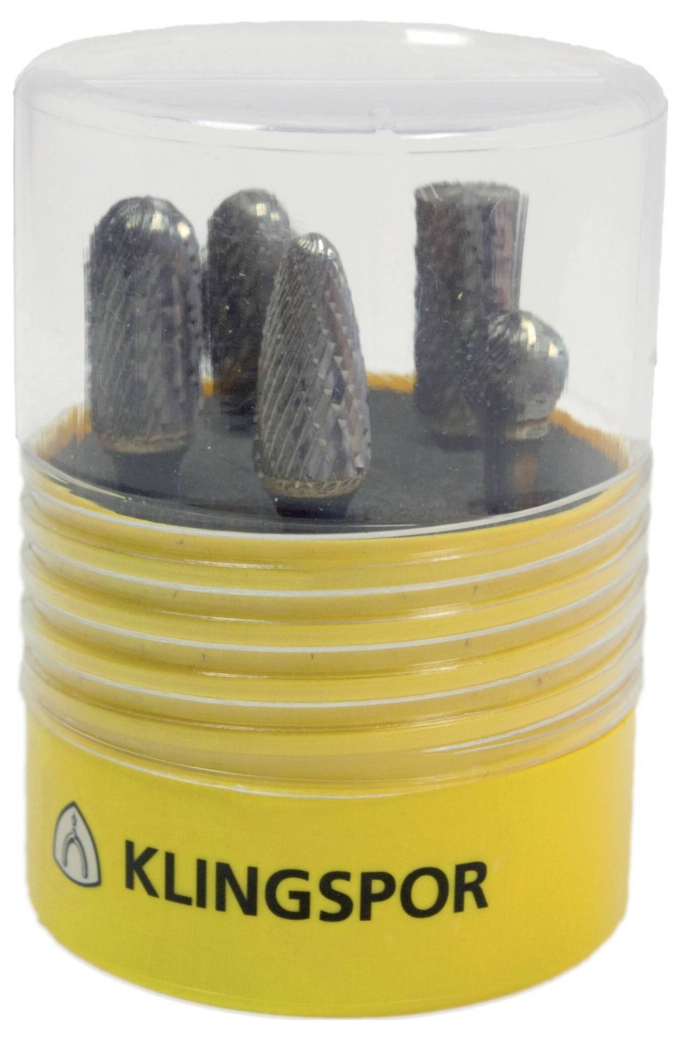Der 'KLINGSPOR' markierte gelbe zylindrische Behälter enthält vier metallische rotierende Schneidbohrer mit strukturierten Oberflächen.