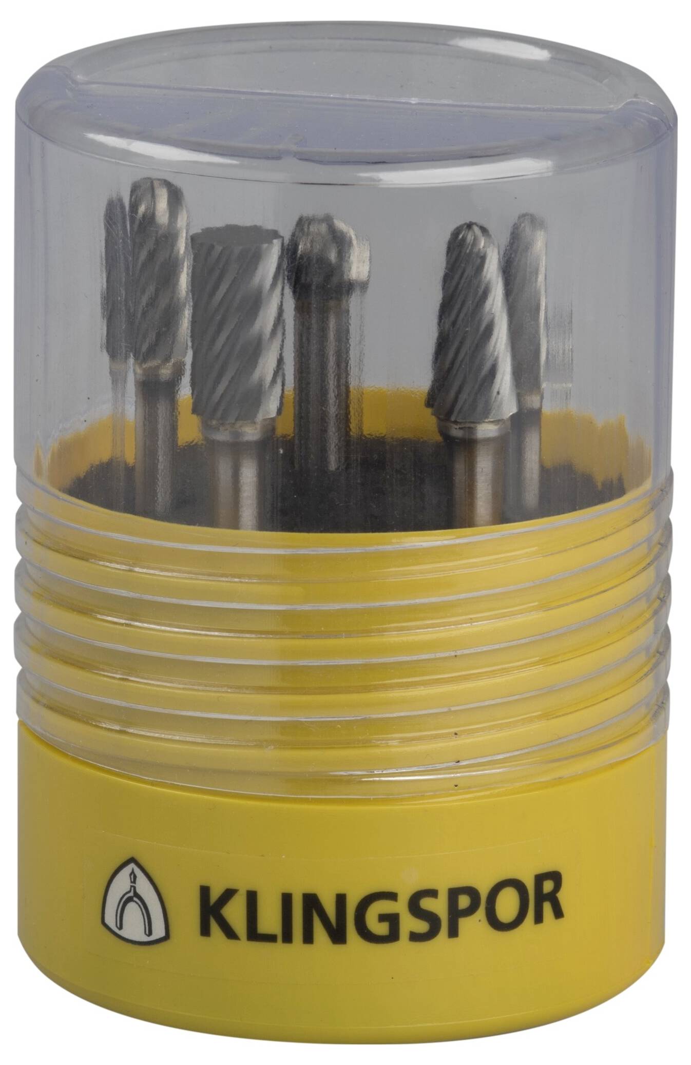 Ein gelber Klingspor-Behälter enthält einen Satz Metallschleifbohrer mit einem durchsichtigen Deckel, der verschiedene Formen und Größen der Werkzeuge präsentiert.