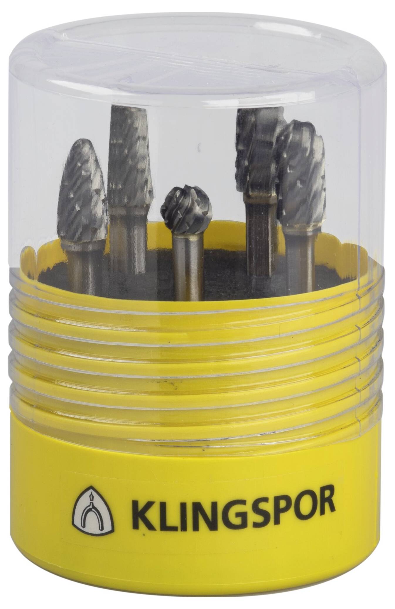 Ein zylindrischer Behälter enthält mehrere Metallschleifkörner mit einer gelben Basis, die mit 'Klingspor' beschriftet ist und für präzise Werkzeugarbeiten konzipiert wurde.