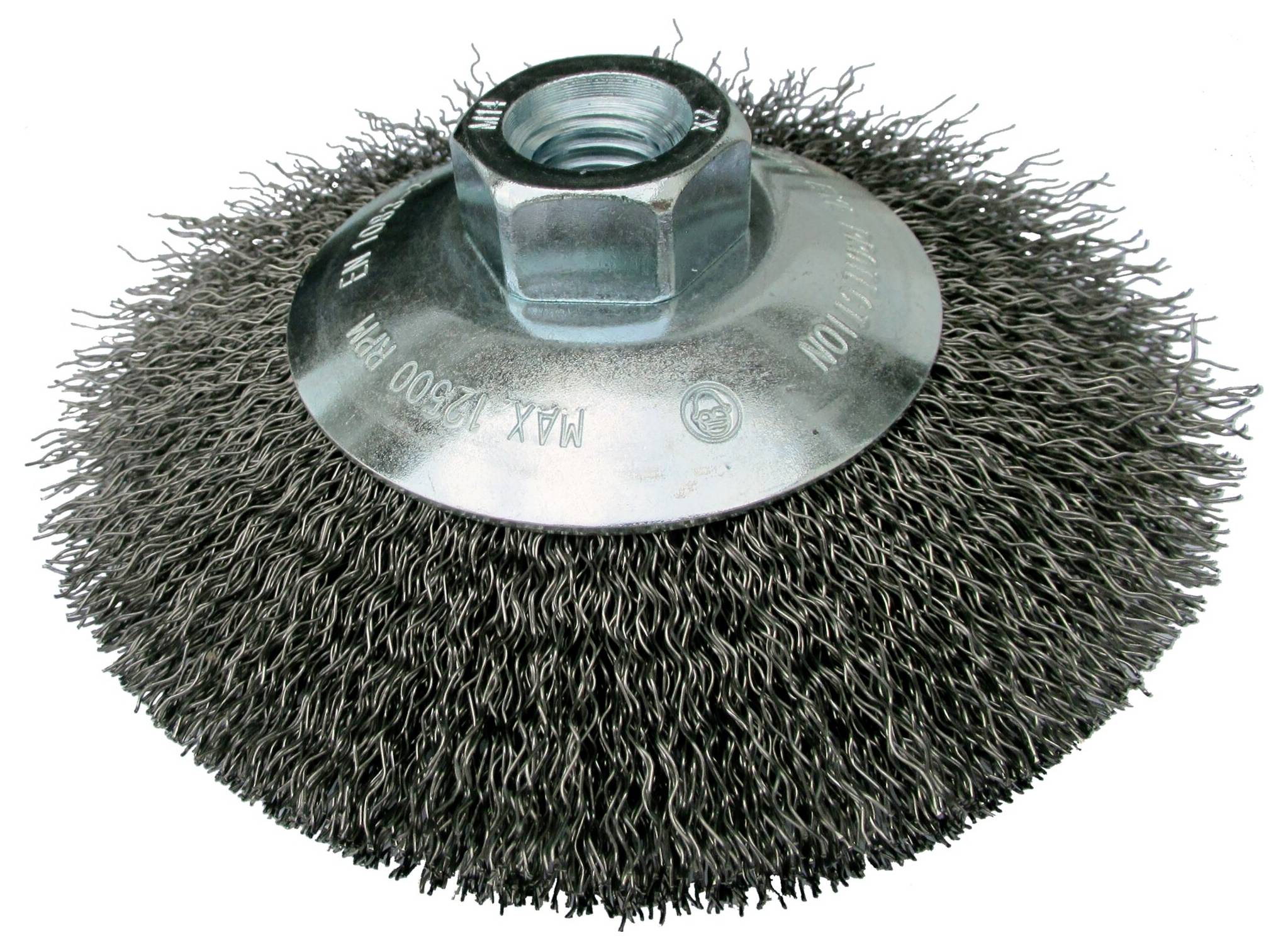 Ein kreisförmiger Drahtradpinsel mit dicht gepackten Metallborsten und einem zentralen Befestigungsloch, der zum Reinigen oder Bearbeiten von Oberflächen verwendet wird.