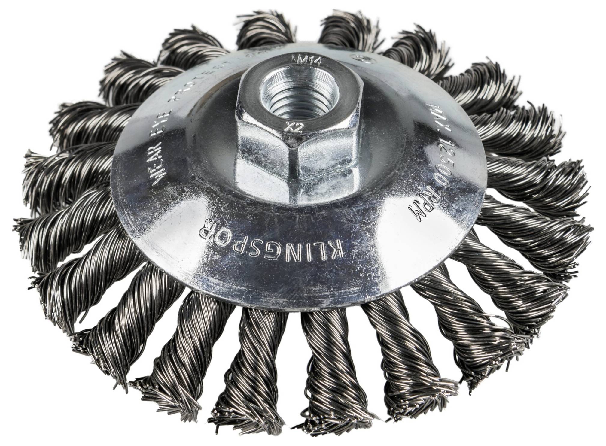 Eine Metalldrahtbürste mit gedrehten Borsten, die zum Reinigen oder Entgraten von Metalloberflächen verwendet wird und eine zentrale Gewindeöffnung aufweist.