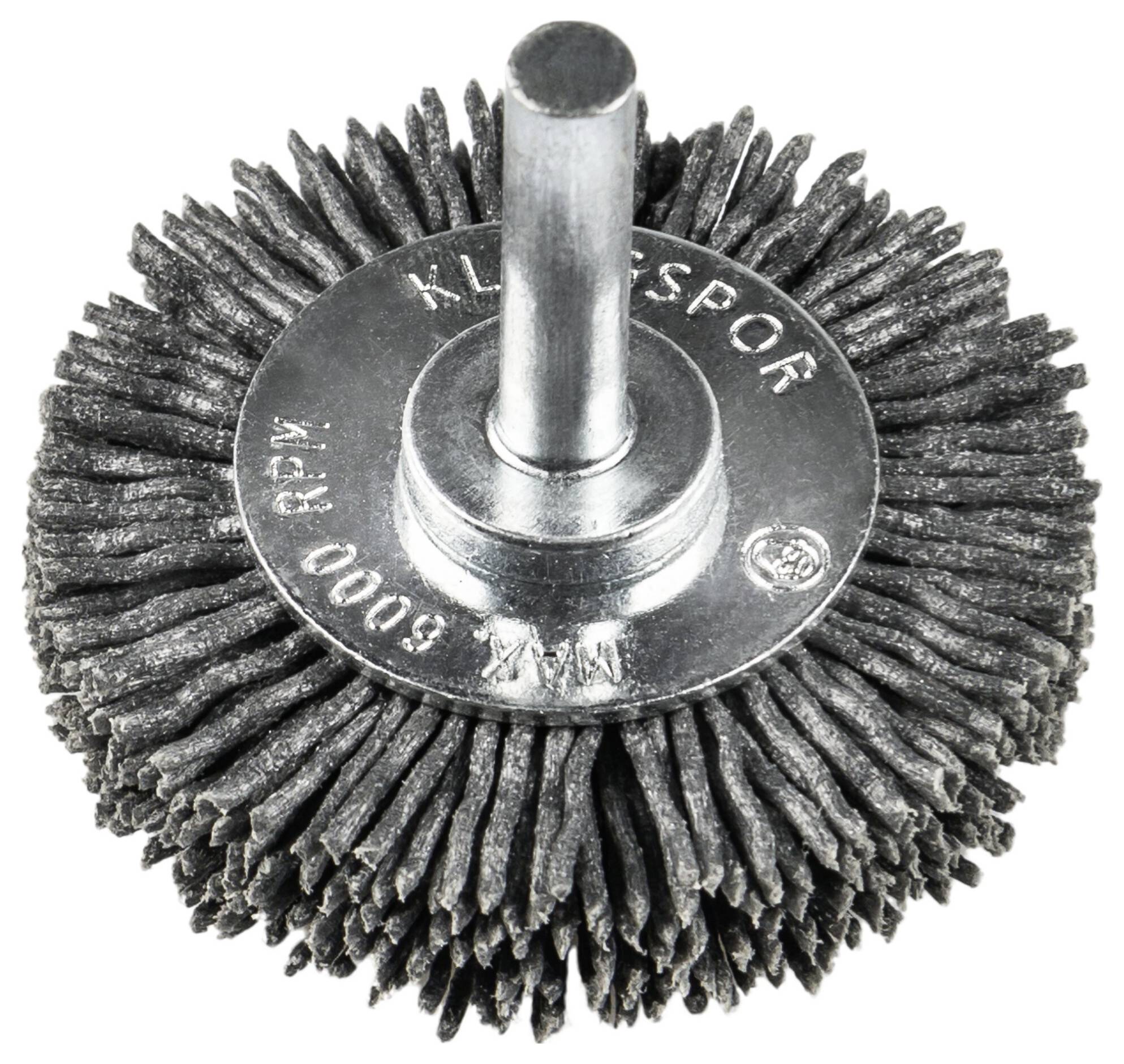 Ein Drahtbürsten-Aufsatz für Bohrmaschinen, der zum Reinigen oder Glätten von Oberflächen entwickelt wurde und dichte, radial angeordnete Borsten um eine zentrale Spindel aufweist.