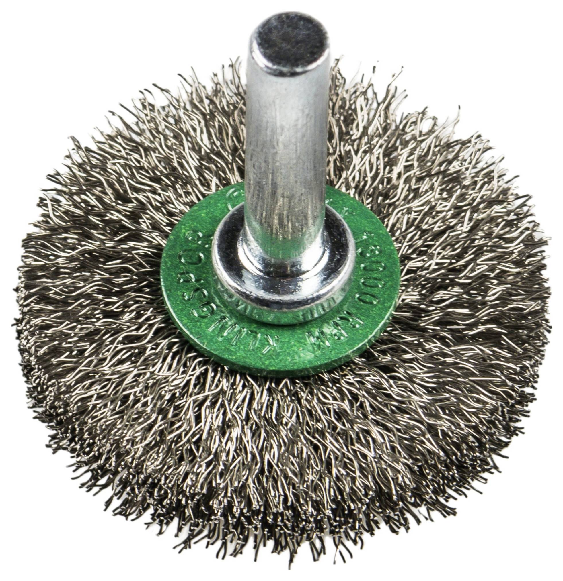 Ein Drahtbürstenrad mit einer zentralen Metallwelle, verwendet zum Reinigen und Polieren von Oberflächen.