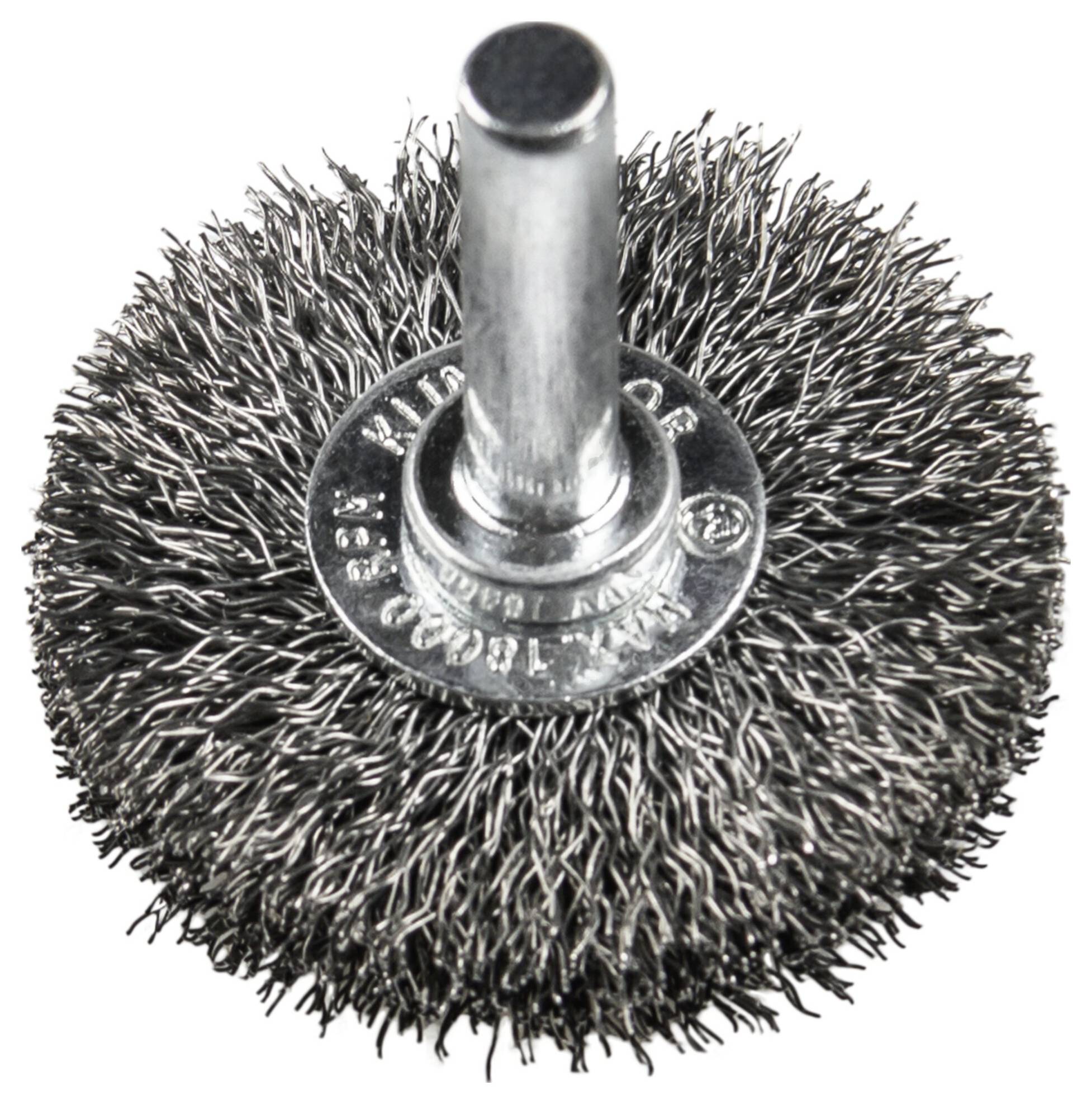 Ein Drahtradpinsel mit Metallborsten und einem zentralen Schaft, der zum Reinigen oder Entgraten von Metalloberflächen verwendet wird.