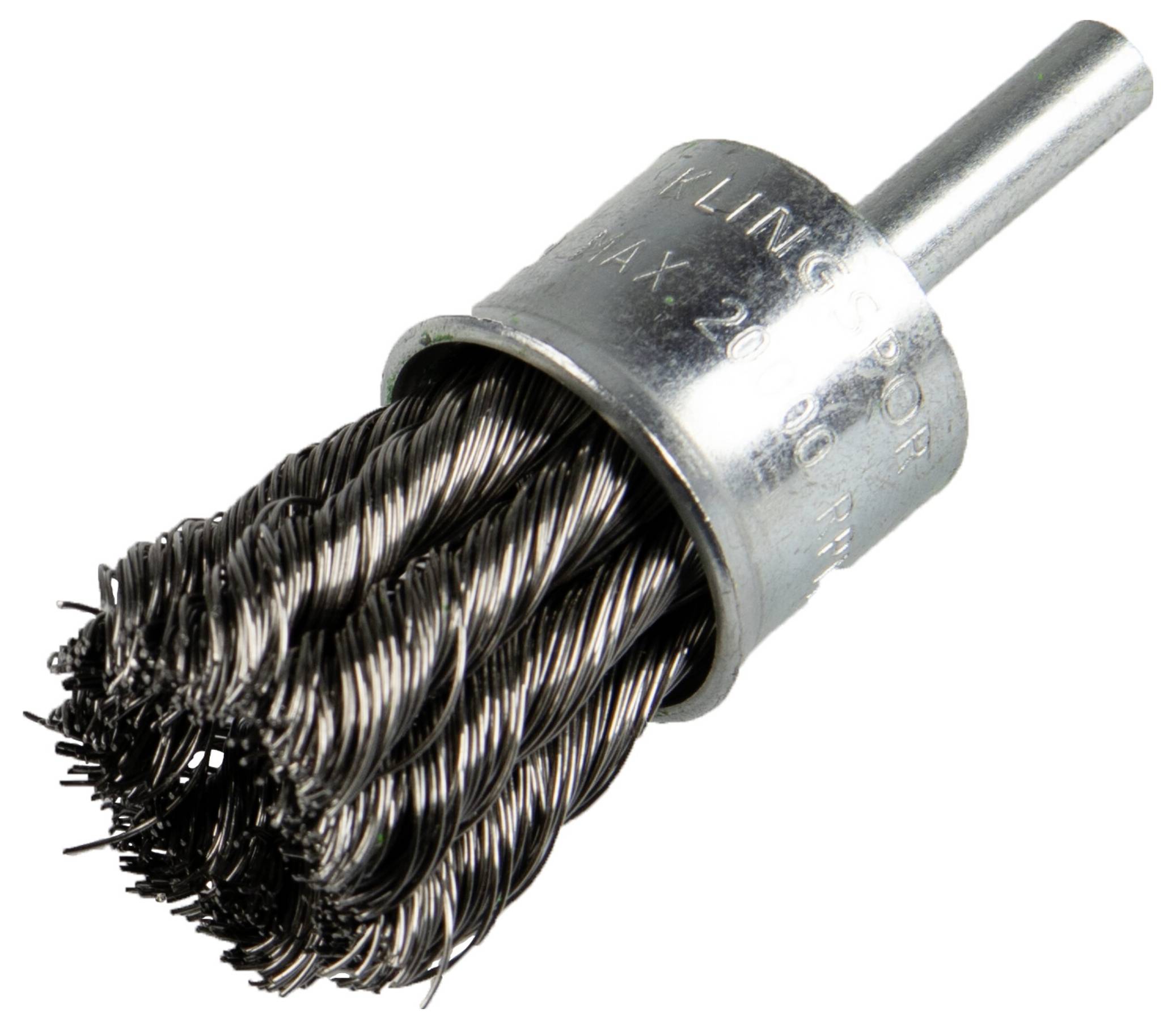 Ein zylindrischer Drahtbürste mit Metallfasern und einem Schaft, verwendet zum Reinigen oder Entgraten von Oberflächen.