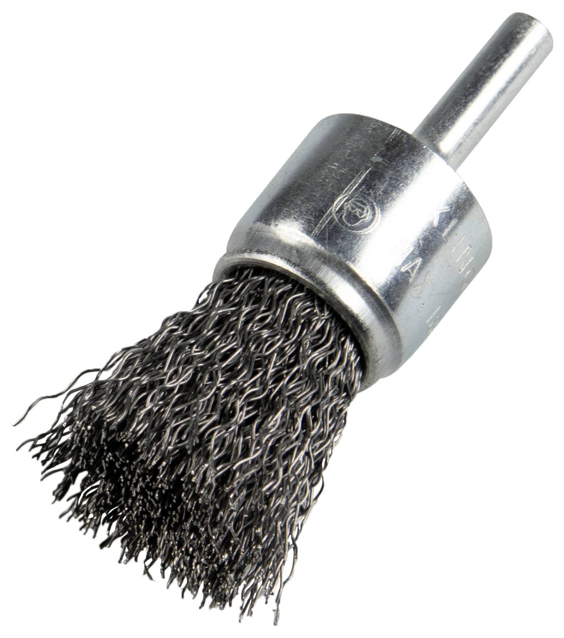 Eine Metalldrahtbürste mit gedrehten Borsten und einem zylindrischen Schaft, die zum Reinigen oder Entgraten von Oberflächen verwendet wird.