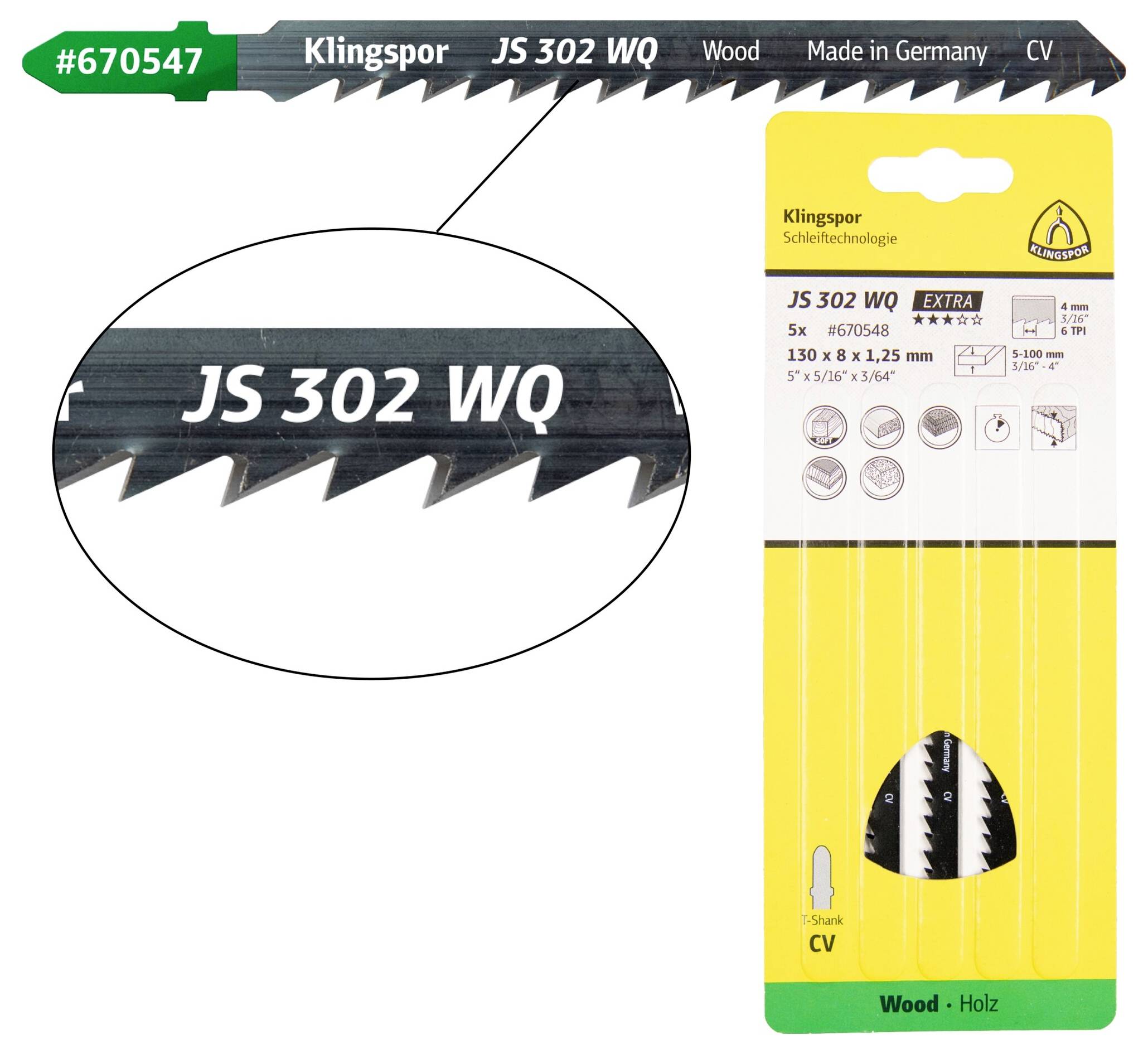 Klingspor 670548 JS 302 WQ Stichsägeblätter, 130 x 8 x 1,25 mm Nutzlänge 110Crom-Vanadium, kreuzge
