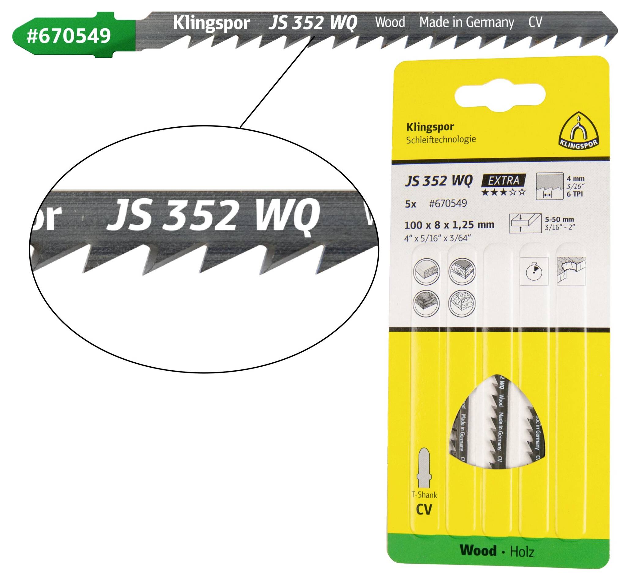 Klingspor 670549 JS 352 WQ Stichsägeblätter, 100 x 8 x 1,25mm Nutzlänge 75Crom-Vanadium, kreuzgeschliffen, geschränkt , 6 Zähne