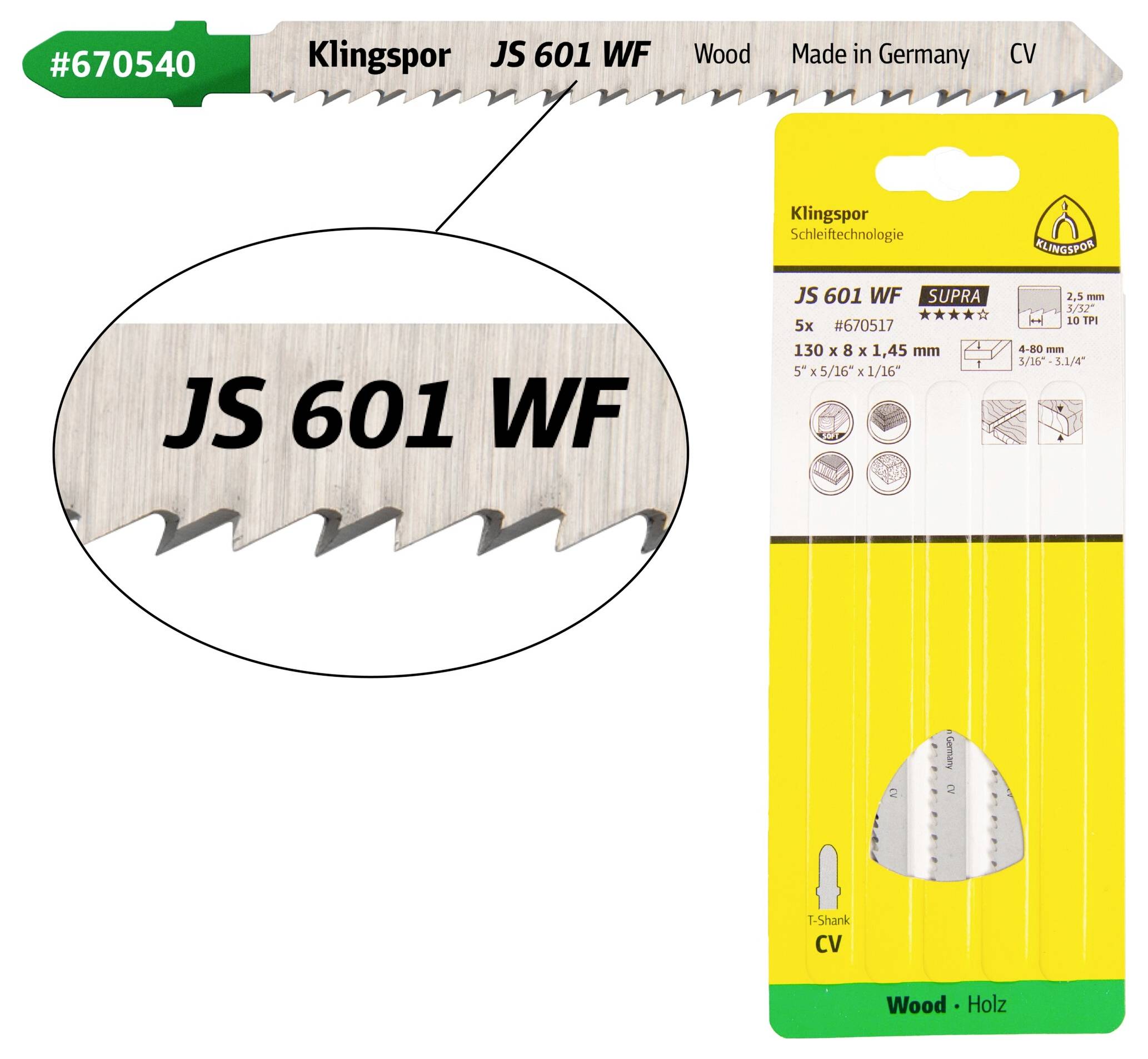 Klingspor 670540 JS 601 WF Stichsägeblätter, 100 x 8 x 1,45mm Nutzlänge 75Crom-Vanadium, kreuzgeschliffen, konisch , 10 Zähne pro