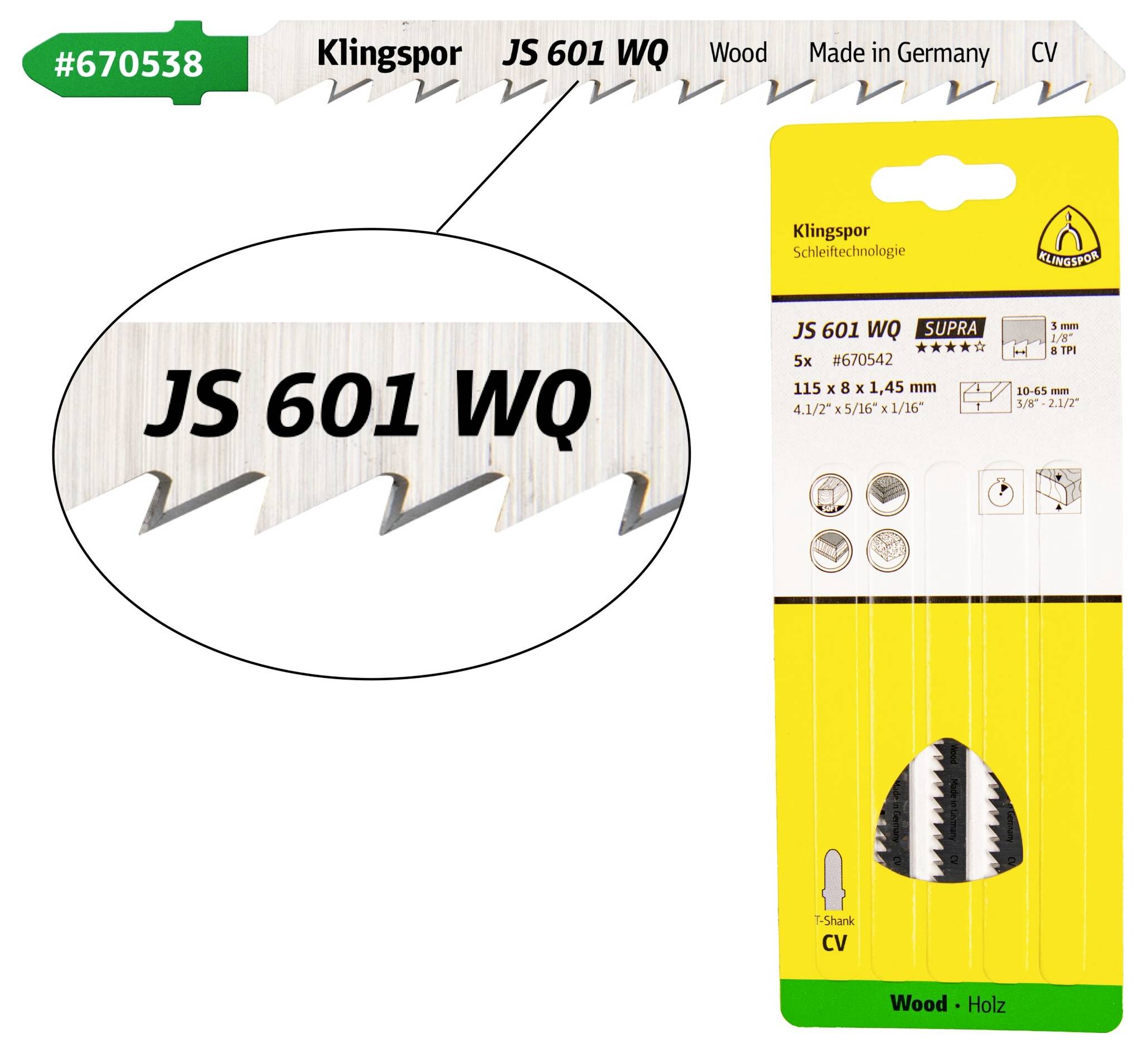 Klingspor 669581 JS 601 WQ Stichsägeblätter, 115 x 8 x 1,45mm Nutzlänge 95Crom-Vanadium, kreuzgeschliffen, konisch , 6 Zähne pro