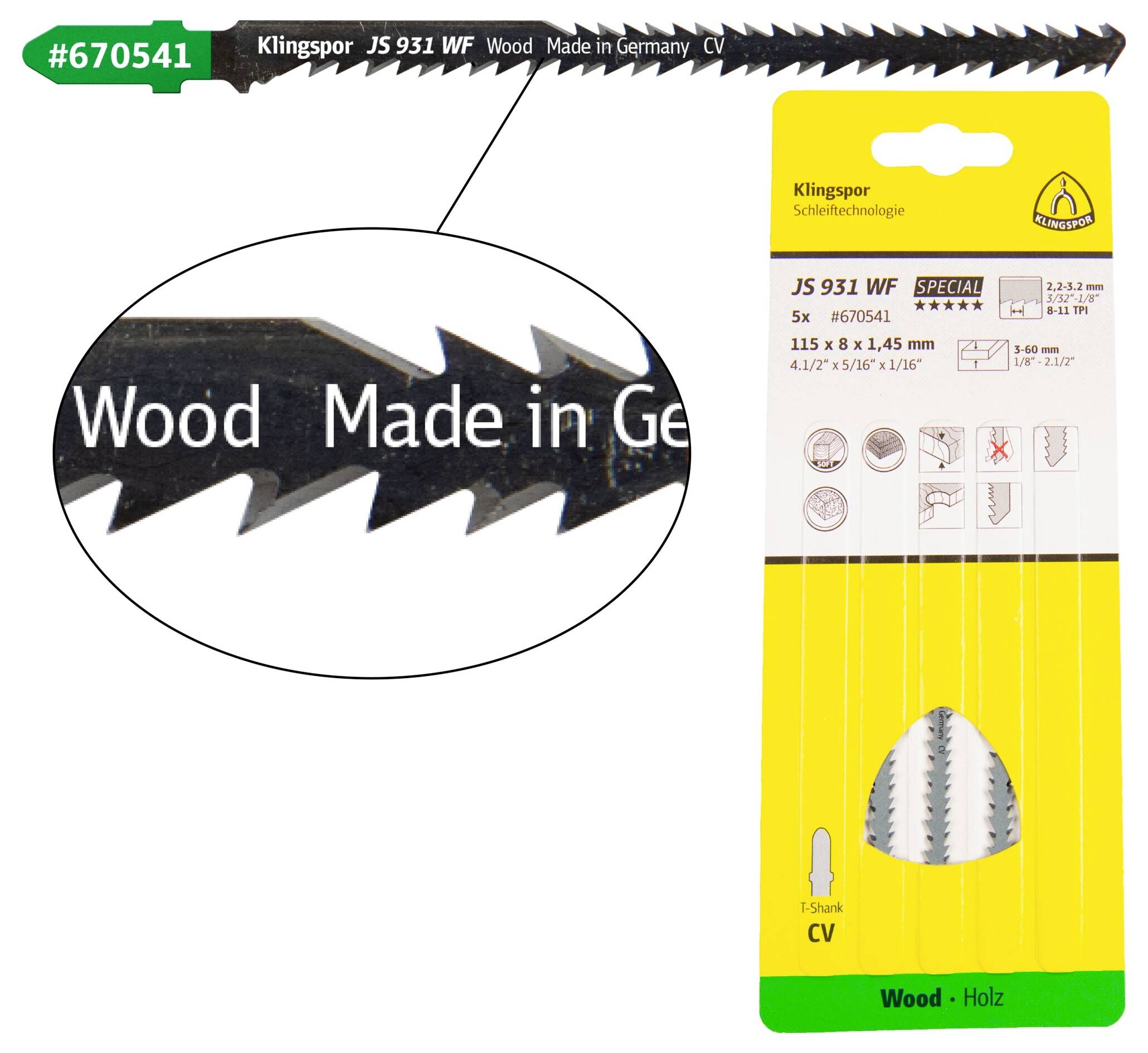 Klingspor 670541 JS 931 WF Stichsägeblätter, 115 x 5 x 1,45mm Nutzlänge 95Crom-Vanadium, kreuzgeschliffen, konisch , 8-11 Zähne