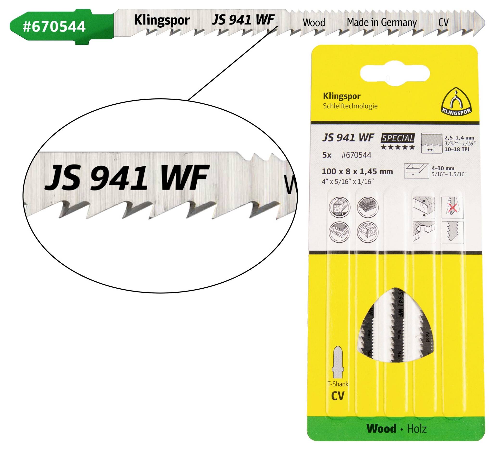 Klingspor 670544 JS 941 WF Stichsägeblätter, 100 x 5 x 1,45mm Nutzlänge 75Crom-Vanadium, kreuzgeschliffen, konisch , 10-18 Zähne