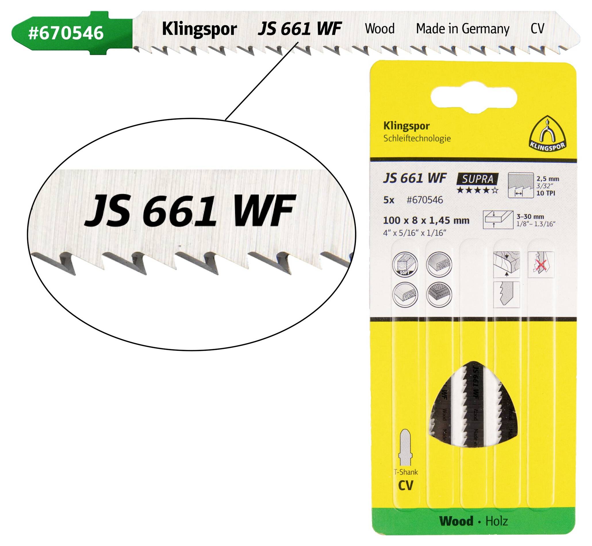 Klingspor 670546 JS 661 WF Stichsägeblätter, 100 x 8 x 1,45 mm Nutzlänge 75Crom-Vanadium, kreuzges