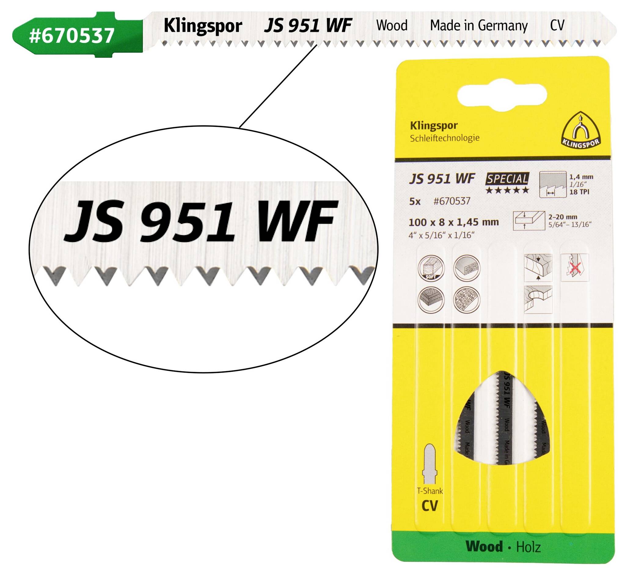 Klingspor 670537 JS 951 WF Stichsägeblätter, 100 x 8 x 1,45mm Nutzlänge 75Crom-Vanadium, kreuzgeschliffen, konisch , 18 Zähne pro