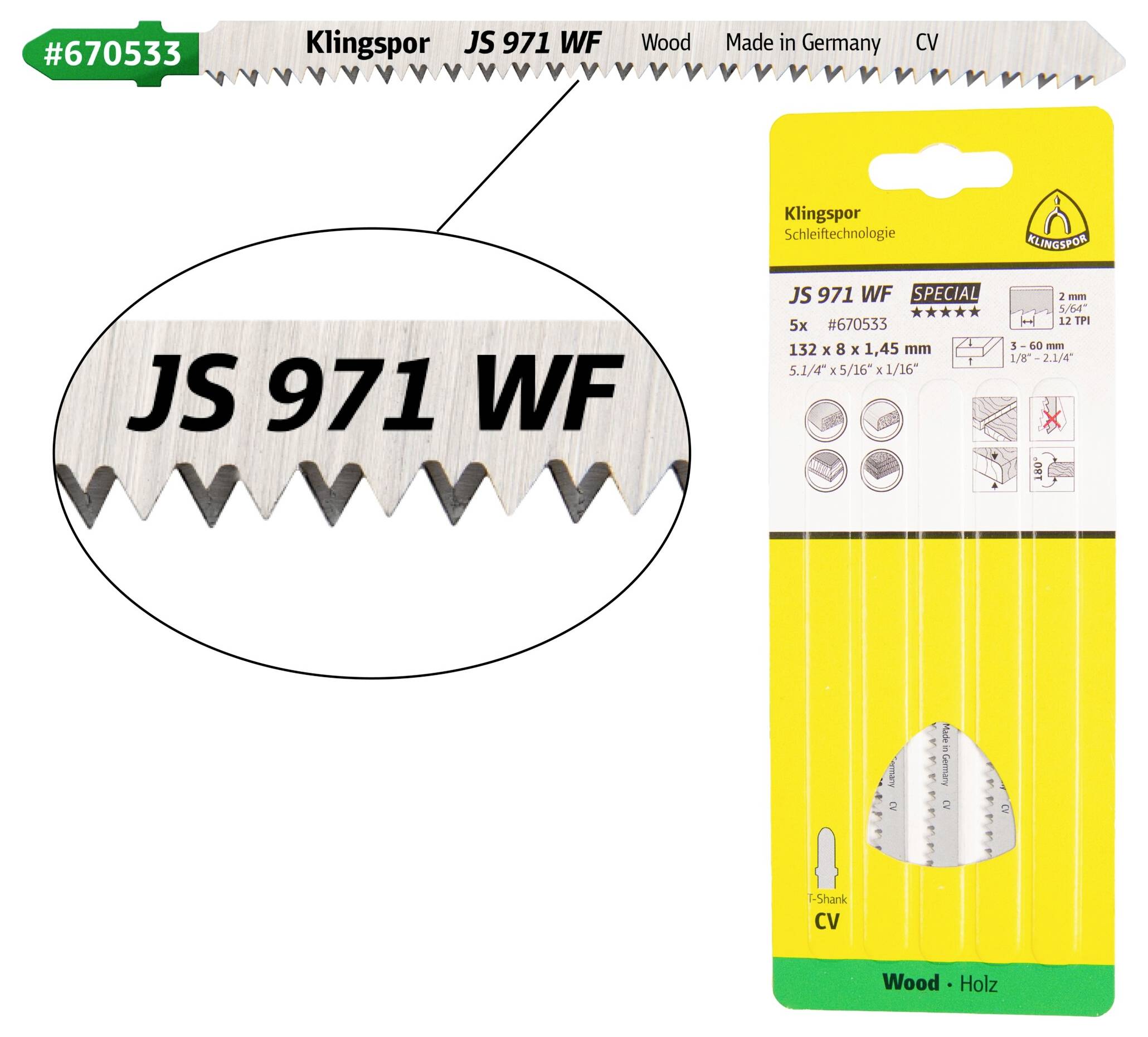 Klingspor 670533 JS 971 WF Stichsägeblätter, 132 x 8 x 1,45 mm Nutzlänge 110Crom-Vanadium, kreuzge