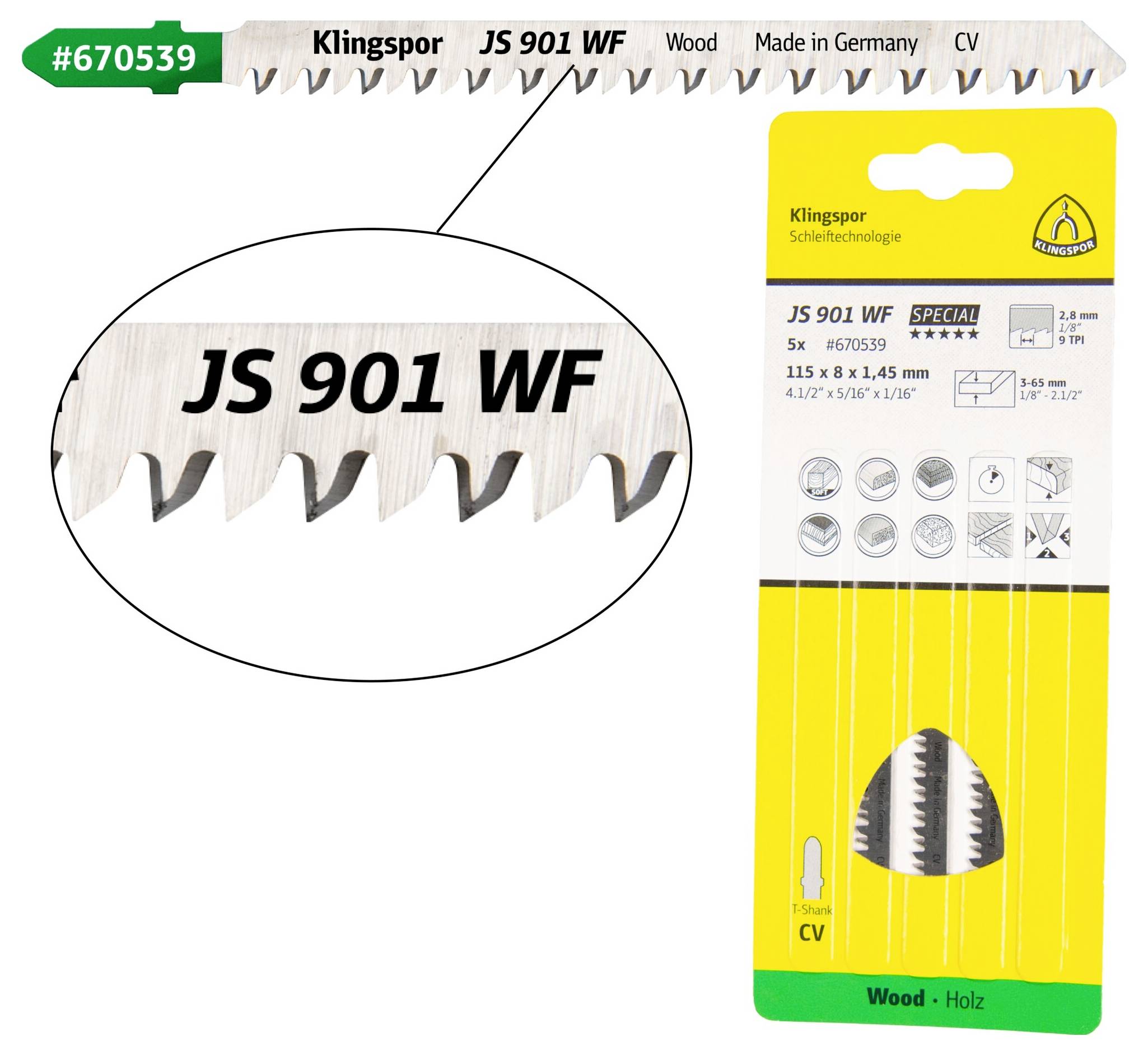 Klingspor 670539 JS 901 WF Stichsägeblätter, 115 x 8 x 1,45 mm Nutzlänge 90Crom-Vanadium, kreuzges