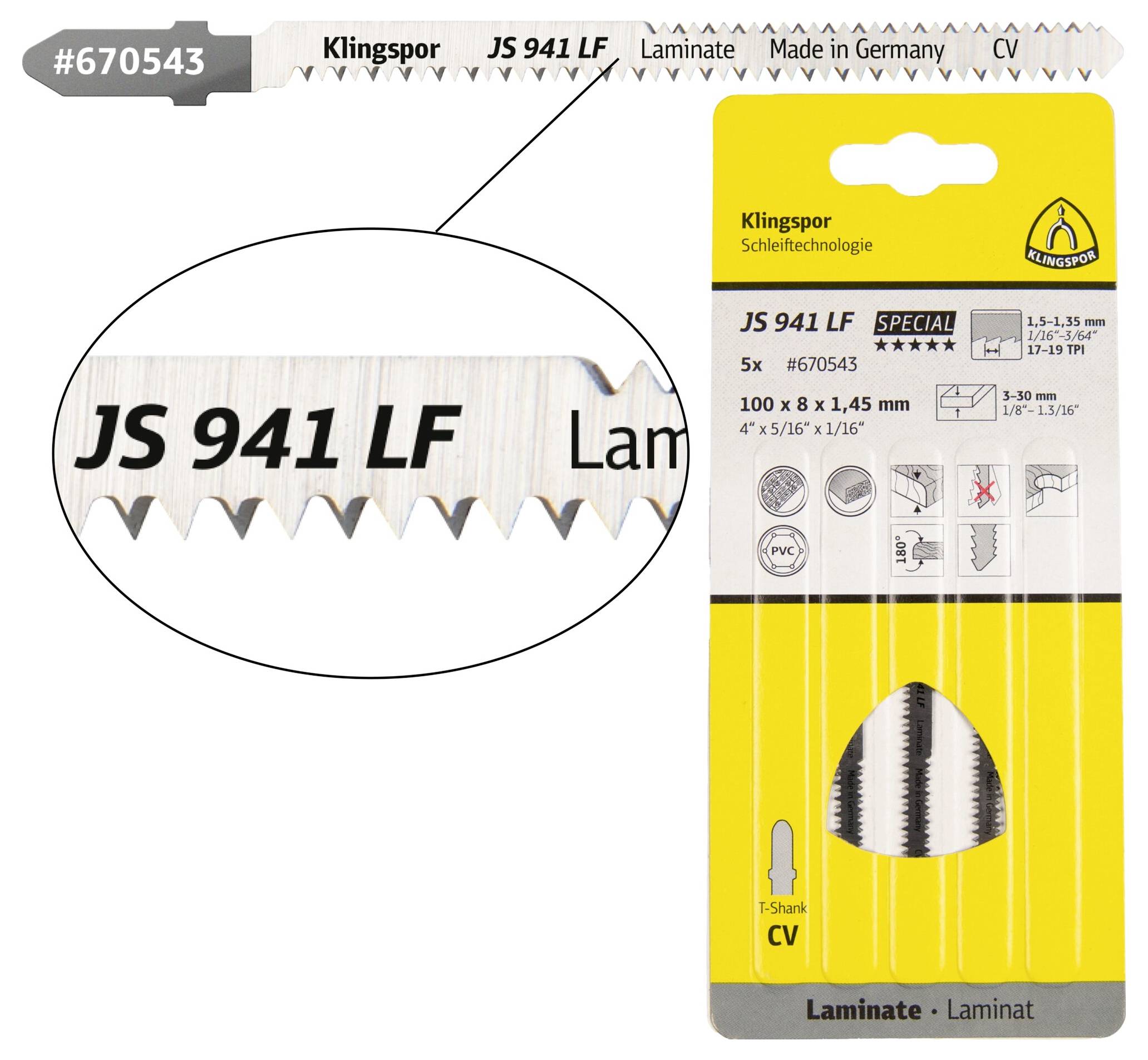 Klingspor 670543 JS 941 LF Stichsägeblätter, 100 x 5 x 1,45 mm Nutzlänge 75Crom-Vanadium, kreuzges