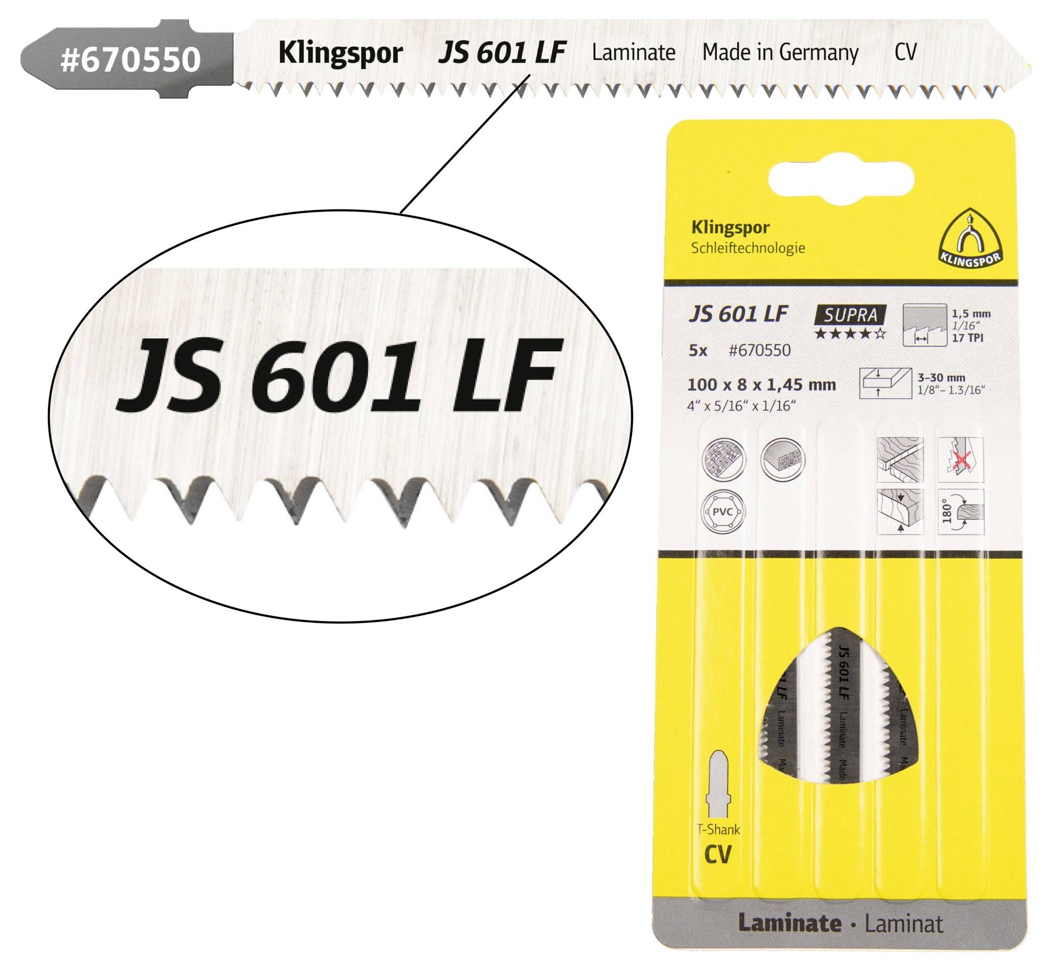 Klingspor 670550 JS 601 LF Stichsägeblätter, 100 x 8 x 1,45mm Nutzlänge 75Crom-Vanadium, kreuzgeschliffen, konisch , 17 Zähne pro