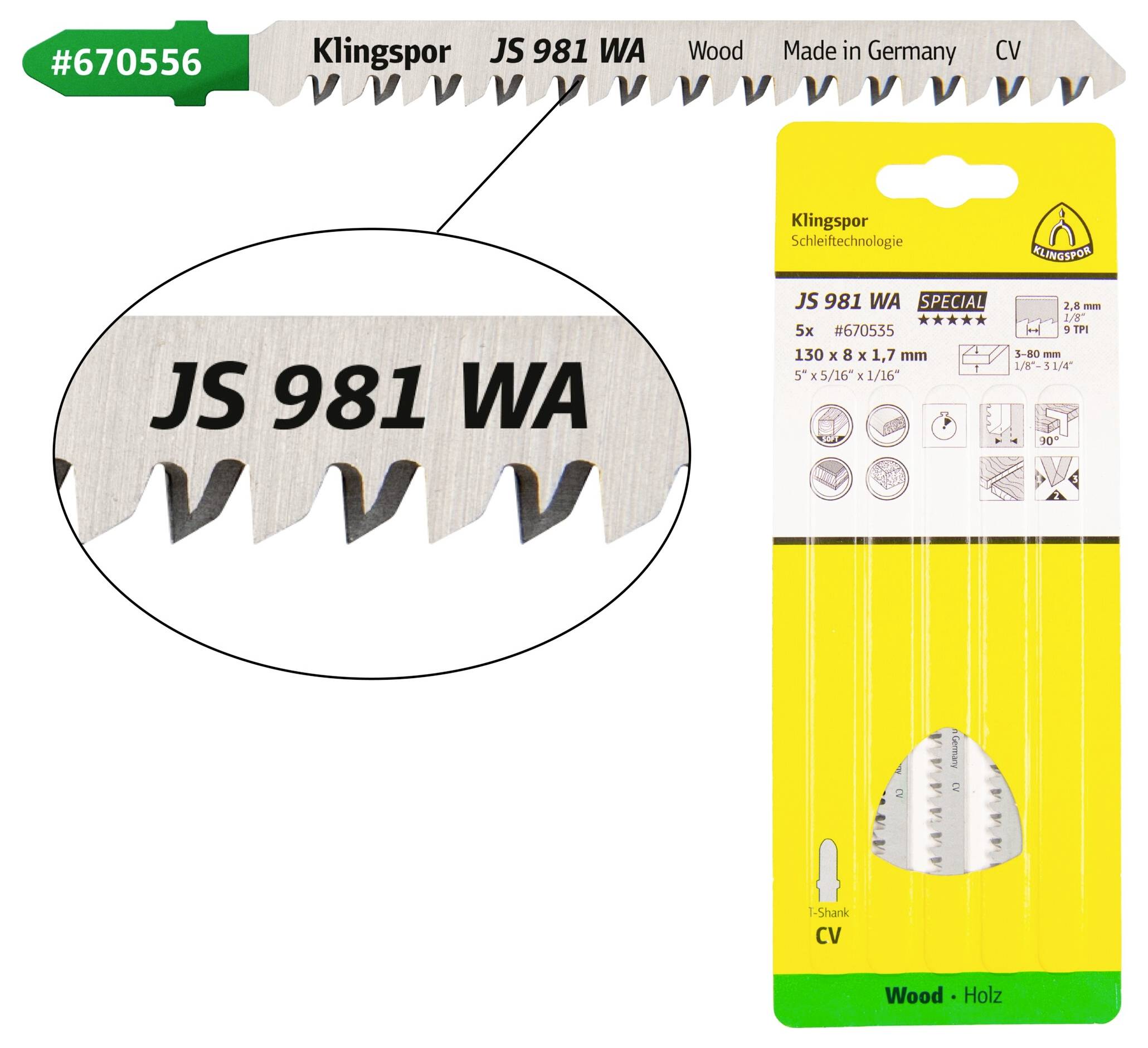 Klingspor 670545 JS 981 WA Stichsägeblätter, 170 x 8 x 1,7mm Nutzlänge 145Crom-Vanadium, kreuzgeschliffen, konisch , 9 Zähne pro