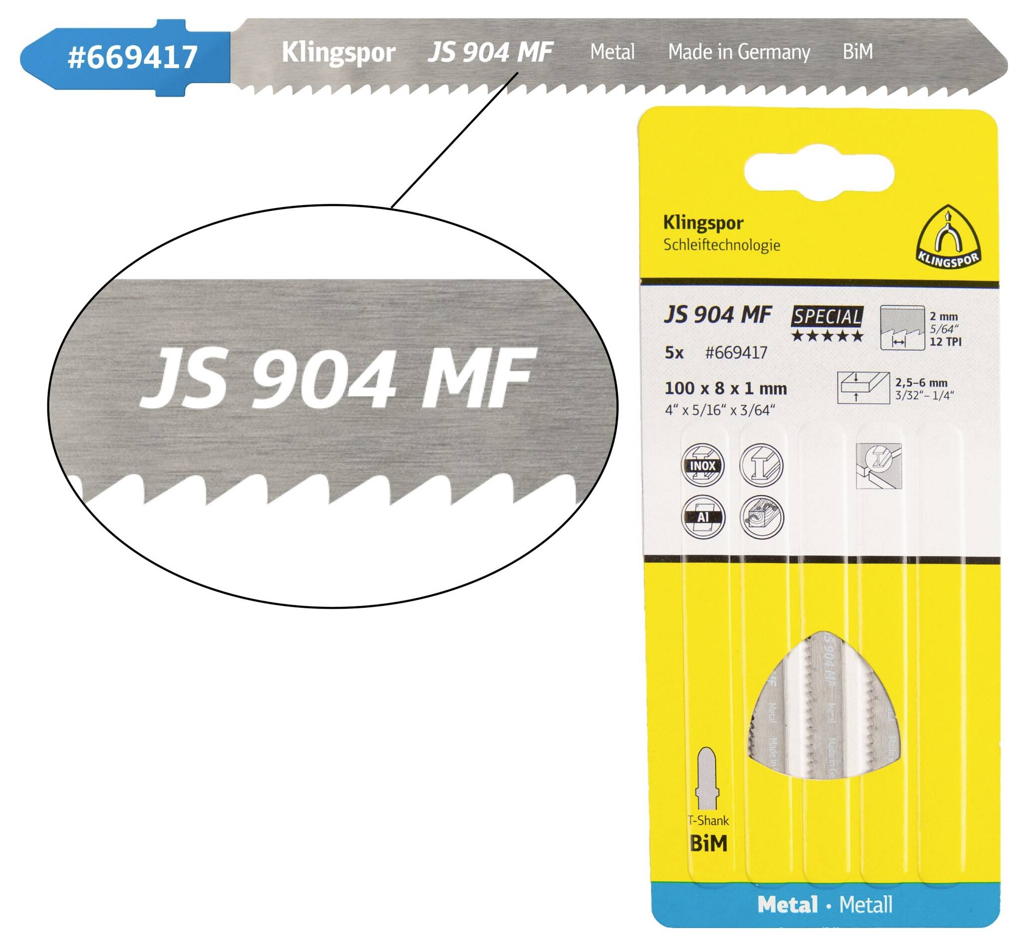 Klingspor 669417 JS 904 MF Stichsägeblätter, 100 x 8 x 1mm Nutzlänge 75Bi-Metall, gefräst, gewellt , 12 Zähne pro Zoll