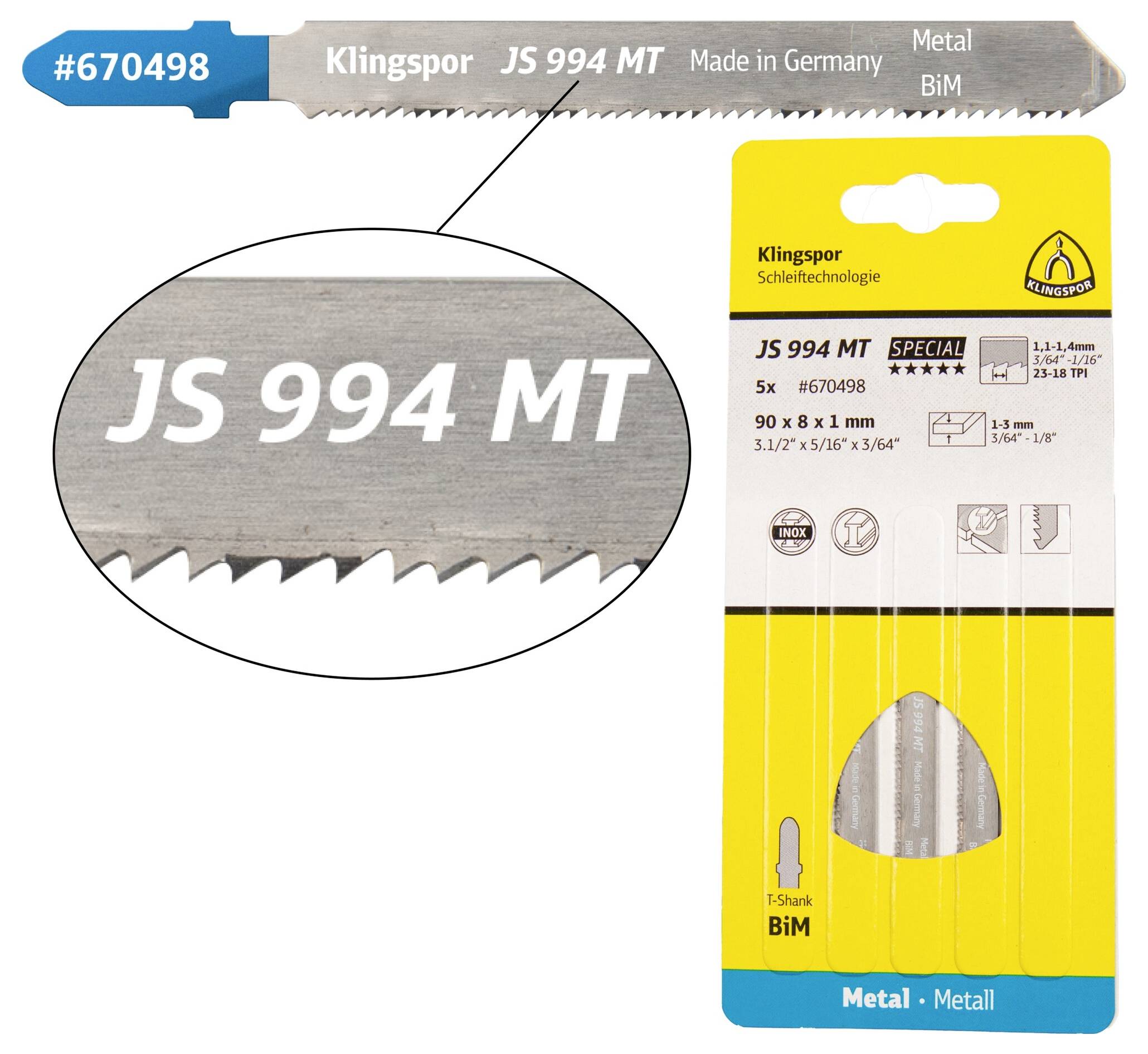 Klingspor 670498 JS 994 MT Stichsägeblätter, 90 x 8 x 1mm Nutzlänge 63Bi-Metall, gefräst, gewellt , 23-28 Zähne pro Zoll