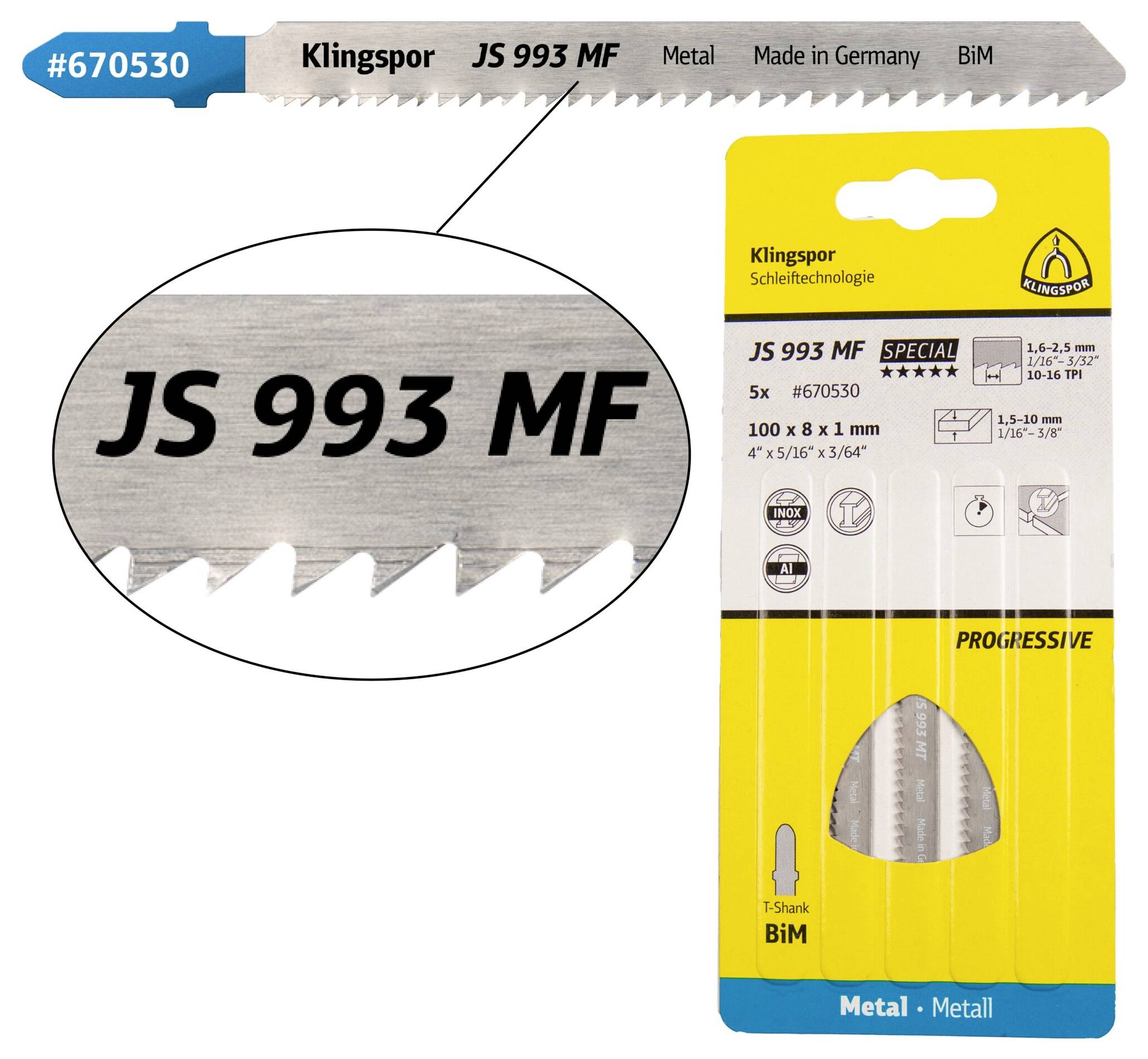 Klingspor 670530 JS 993 MF Stichsägeblätter, 100 x 8 x 1mm Nutzlänge 75Bi-Metall, gefräst, gewellt , 10-16 Zähne pro Zoll
