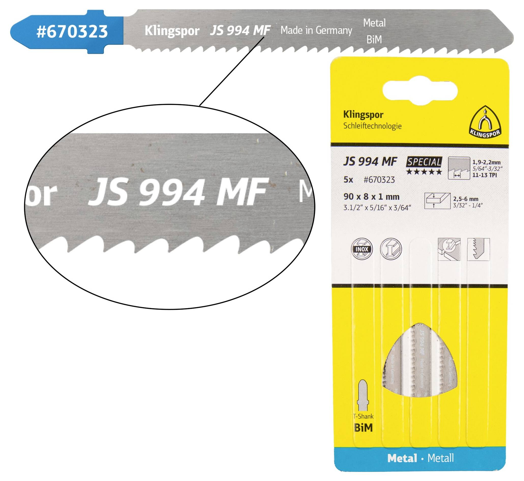 Klingspor 670323 JS 994 MF Stichsägeblätter, 90 x 8 x 1mm Nutzlänge 63Bi-Metall, gefräst, gewellt , 11-13 Zähne pro Zoll