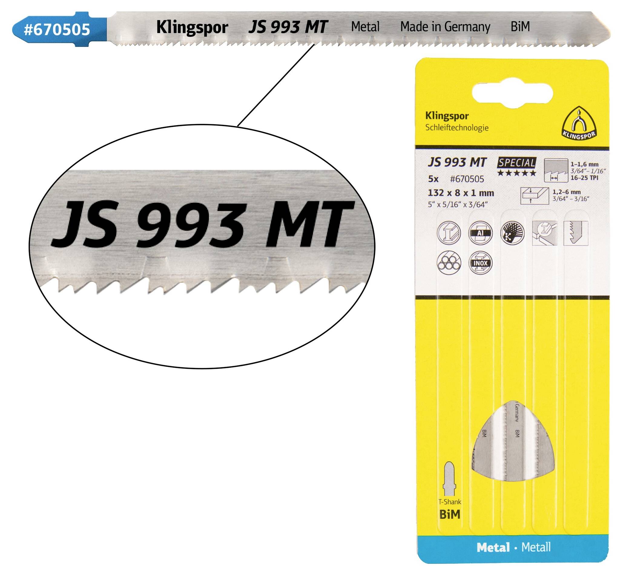 Klingspor 670505 JS 993 MT Stichsägeblätter, 132 x 8 x 1mm Nutzlänge 110Bi-Metall, gefräst, gewellt , 16-25 Zähne pro Zoll