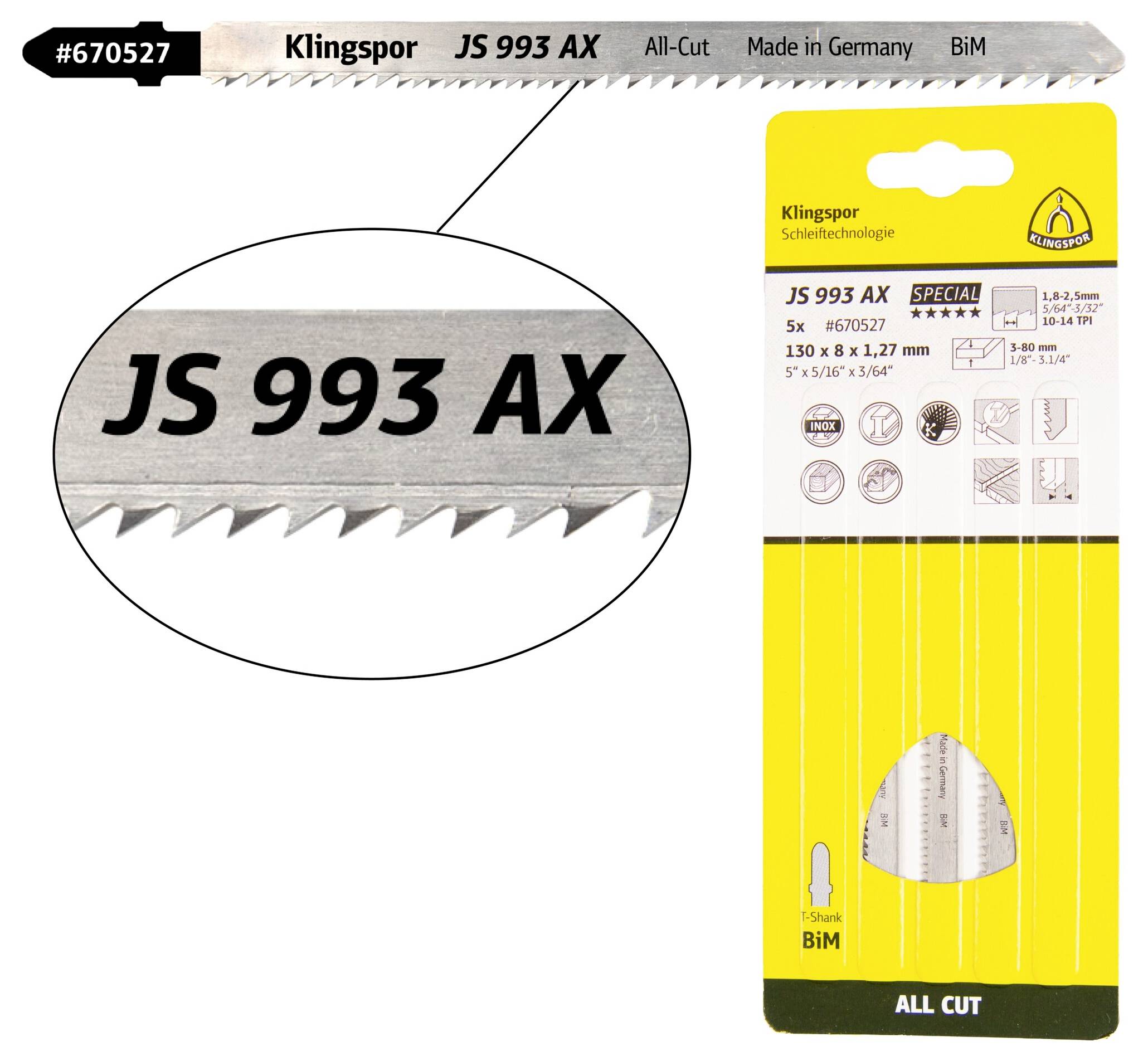 Klingspor 670527 JS 993 AX Stichsägeblätter, 132 x 8 x 1,27mm Nutzlänge 110Bi-Metall, gefräst, geschränkt , 10-14 Zähne pro Zoll