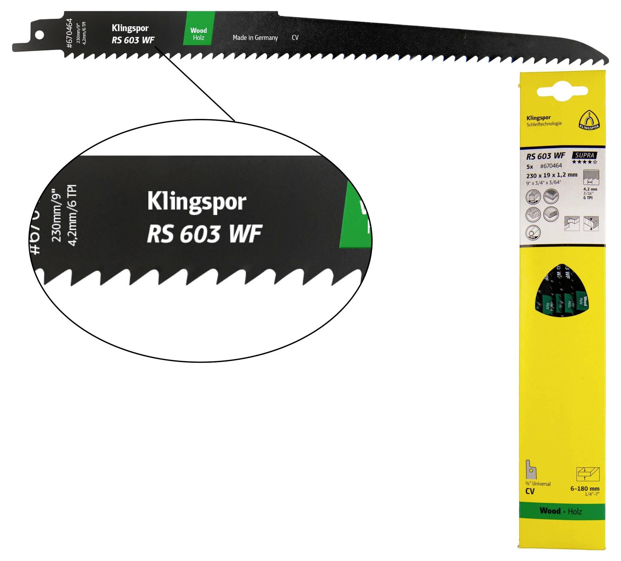 Klingspor 670476 RS 603 WF Säbelsägeblätter, 300 x 19 x 1,2mm Nutzlänge 280Crom-Vanadium, gefräst, geschränkt , 6 Zähne pro Zoll