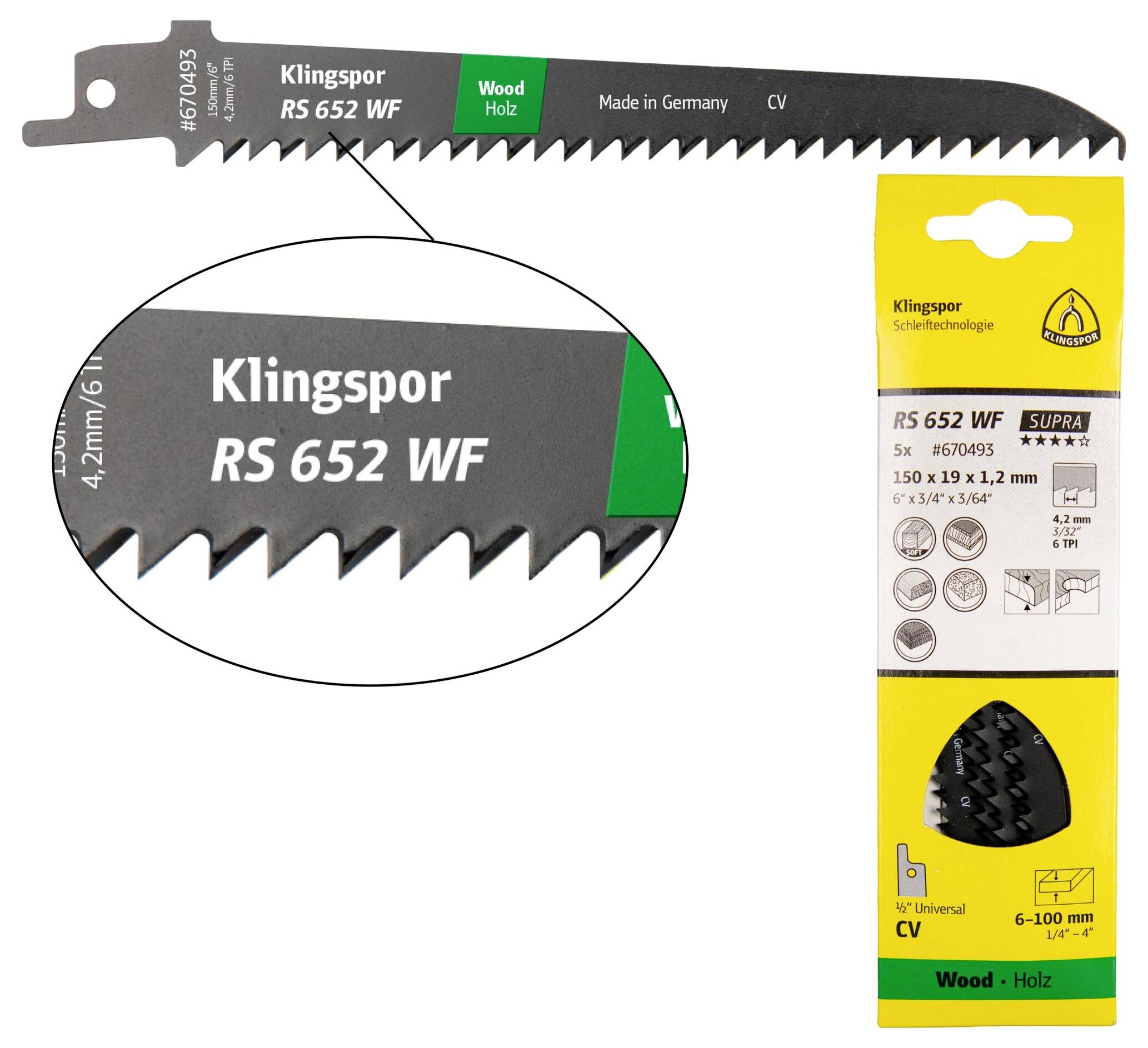 Klingspor 670493 RS 652 WF Säbelsägeblätter, 150 x 19 x 1,2mm Nutzlänge 130Crom-Vanadium, gefräst, geschränkt , 6 Zähne pro Zoll
