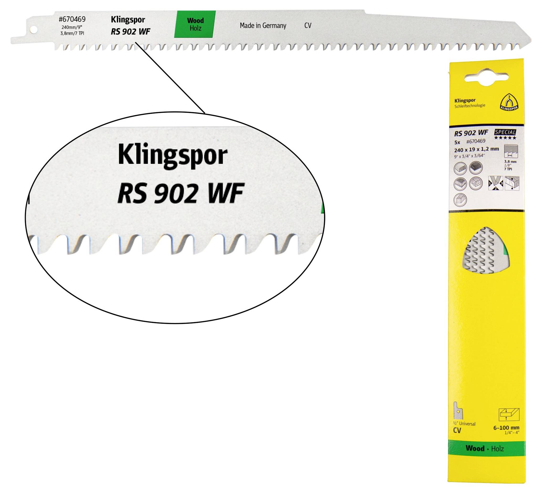 Klingspor 670469 RS 902 WF Säbelsägeblätter, 240 x 19 x 1,2mm Nutzlänge 210Crom-Vanadium, kreuzgeschliffen, konisch , 7 Zähne pro