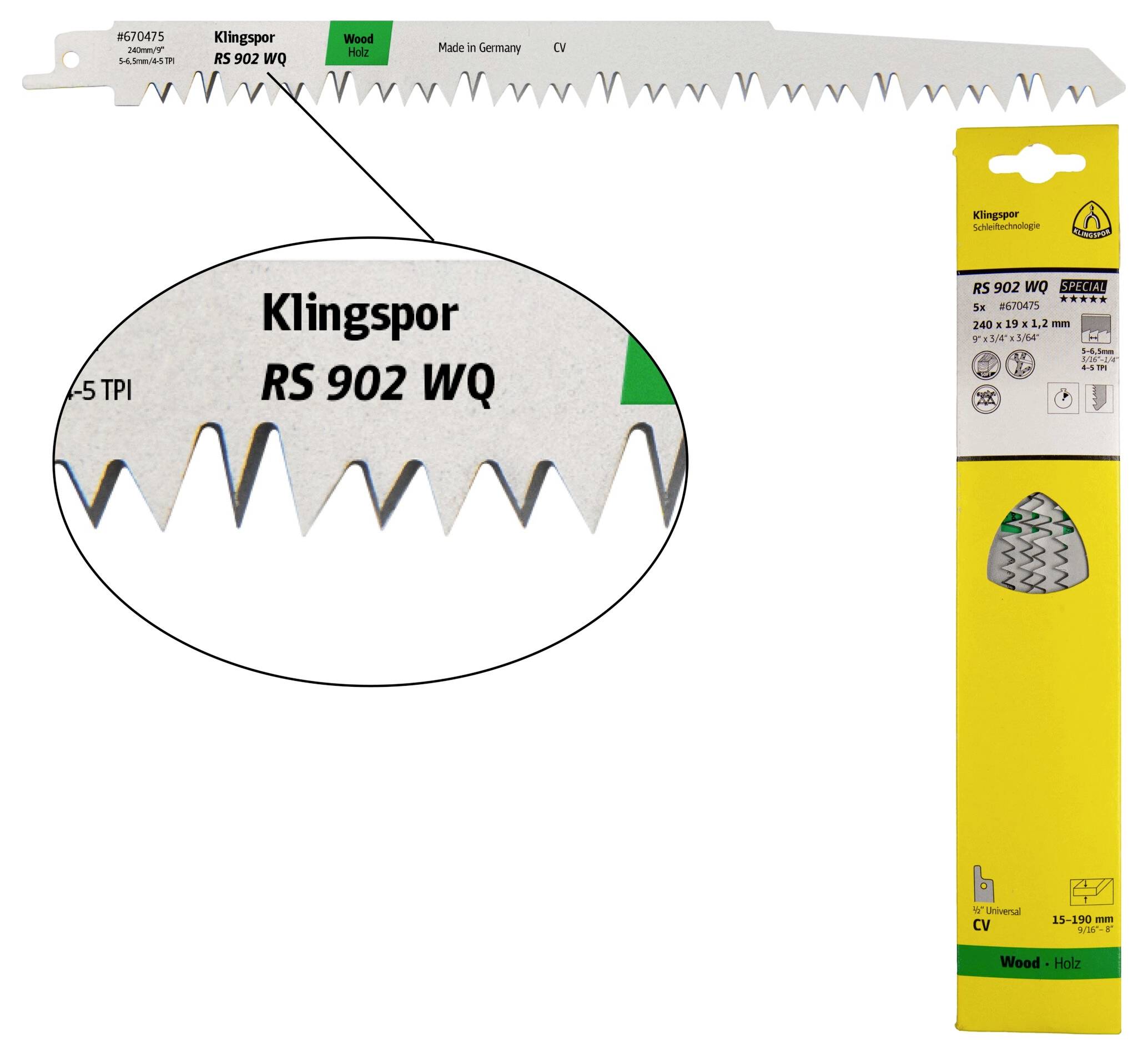 Klingspor 670475 RS 902 WQ Säbelsägeblätter, 240 x 19 x 1,2mm Nutzlänge 210Crom-Vanadium, kreuzgeschliffen, geschränkt , 5 Zähne
