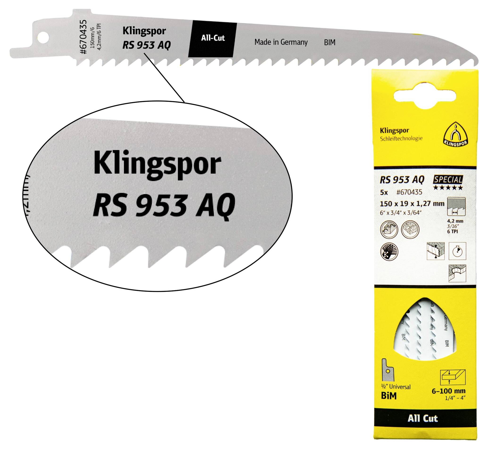 Klingspor 670435 RS 953 AQ Säbelsägeblätter, 150 x 19 x 1,27mm Nutzlänge 130Bi-Metall, gefräst, geschränkt , 6 Zähne pro Zoll
